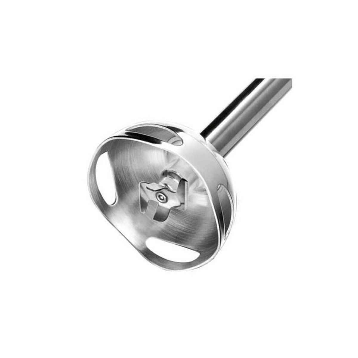 Zbliżenie na koniec ostrza srebrnego blendera ręcznego. Posiada osłonę ochronną z ostrzami.