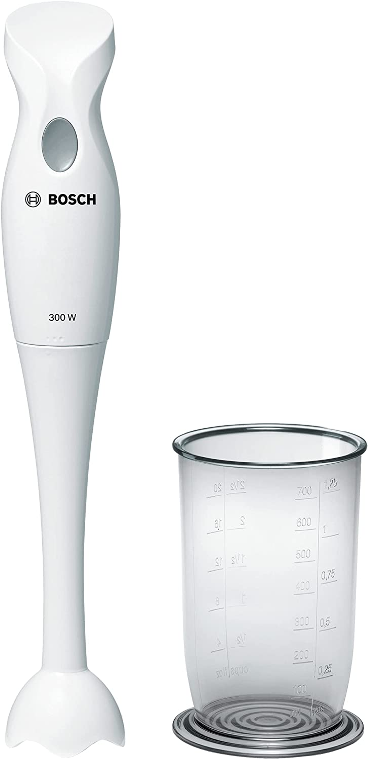 Frullatore a immersione bianco con misurino. Marchio Bosch.