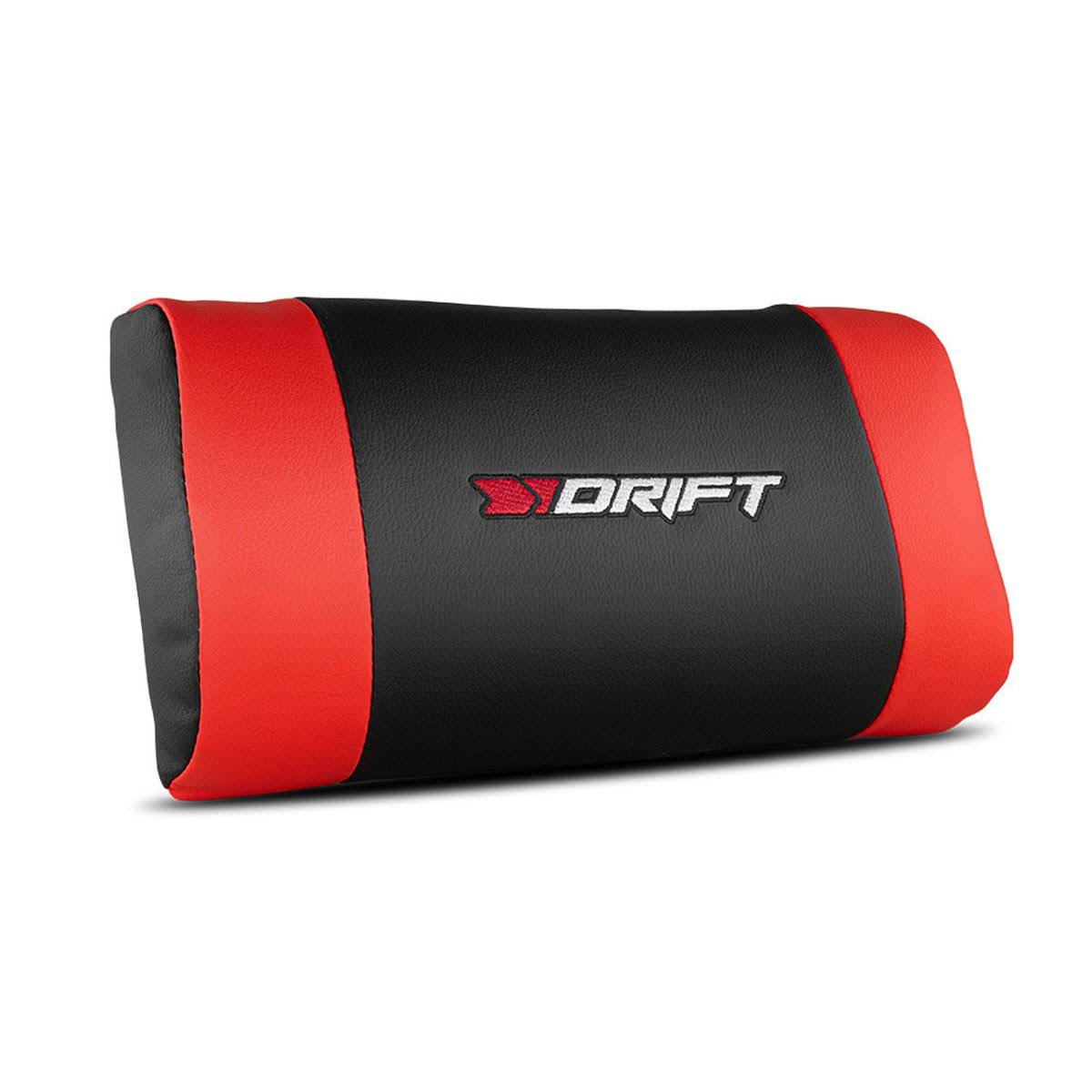 Schwarzes und rotes Kopfstützenkissen. Drift-Logo in Weiß. Für Komfort entworfen. Weich und stützend.