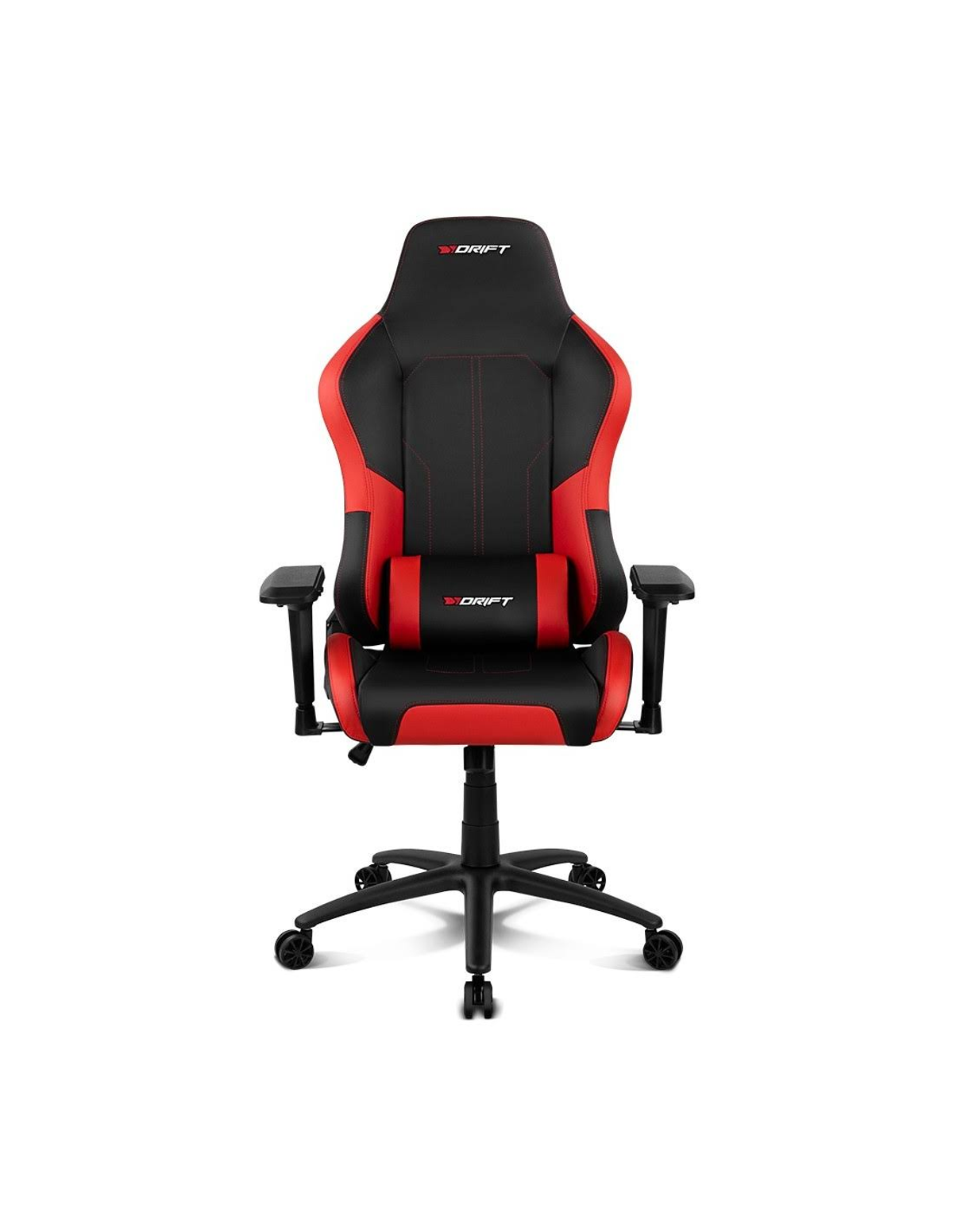 Ein schwarz-roter Gaming-Stuhl mit dem Wort 'DRIFT' auf Kopf- und Rückenlehne.
