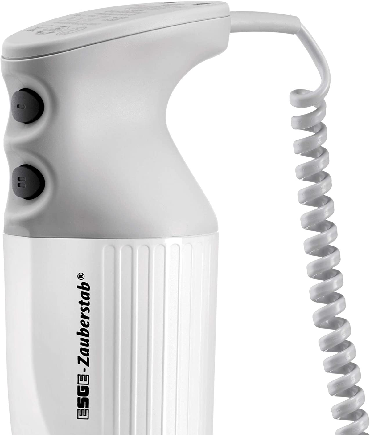 Ein weiß-grauer Stabmixer mit grauem Spiralkabel und zwei schwarzen Knöpfen am Griff.