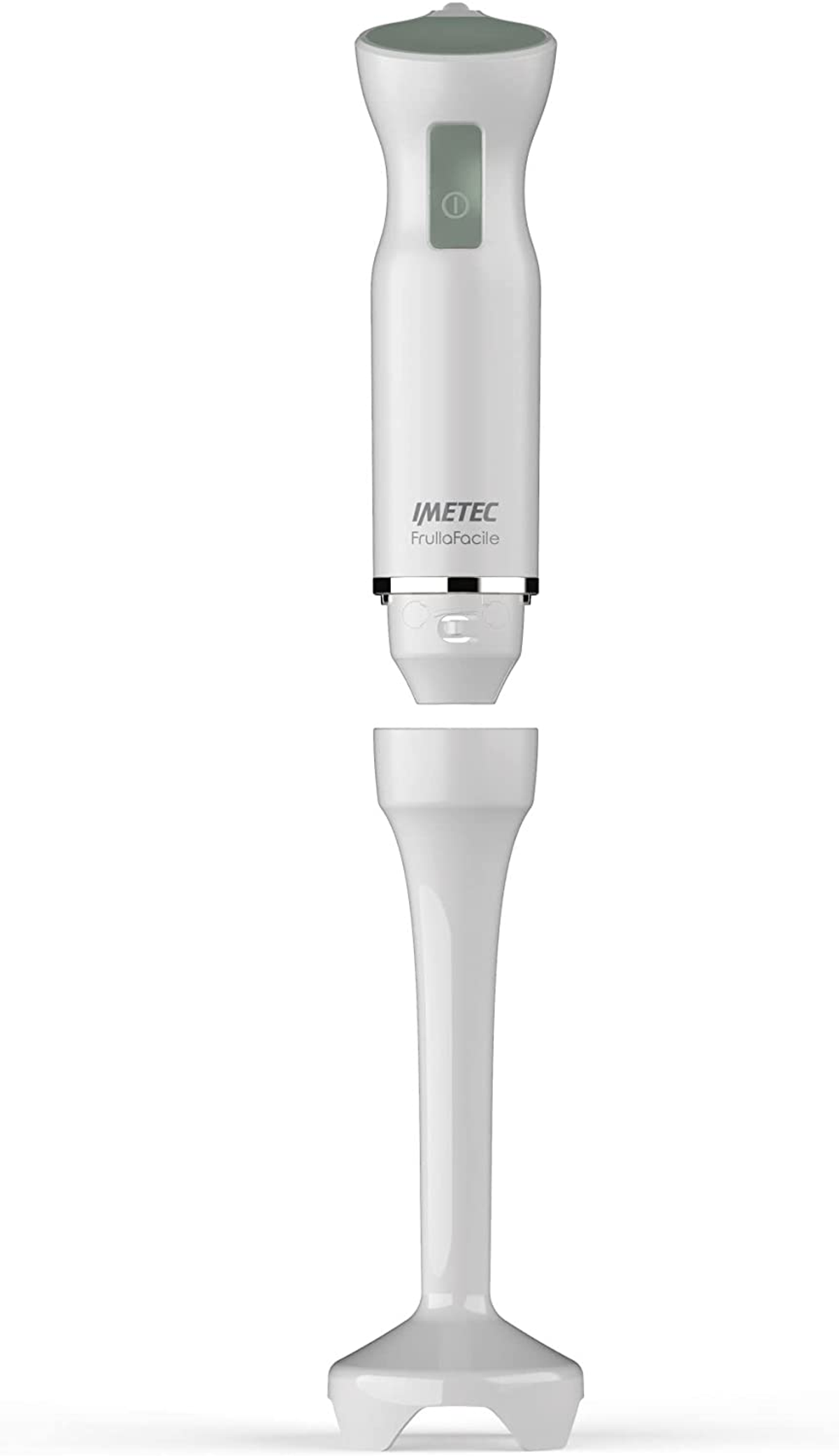 Biały blender ręczny, zdemontowany, z marką IMETEC. Części są rozdzielone.