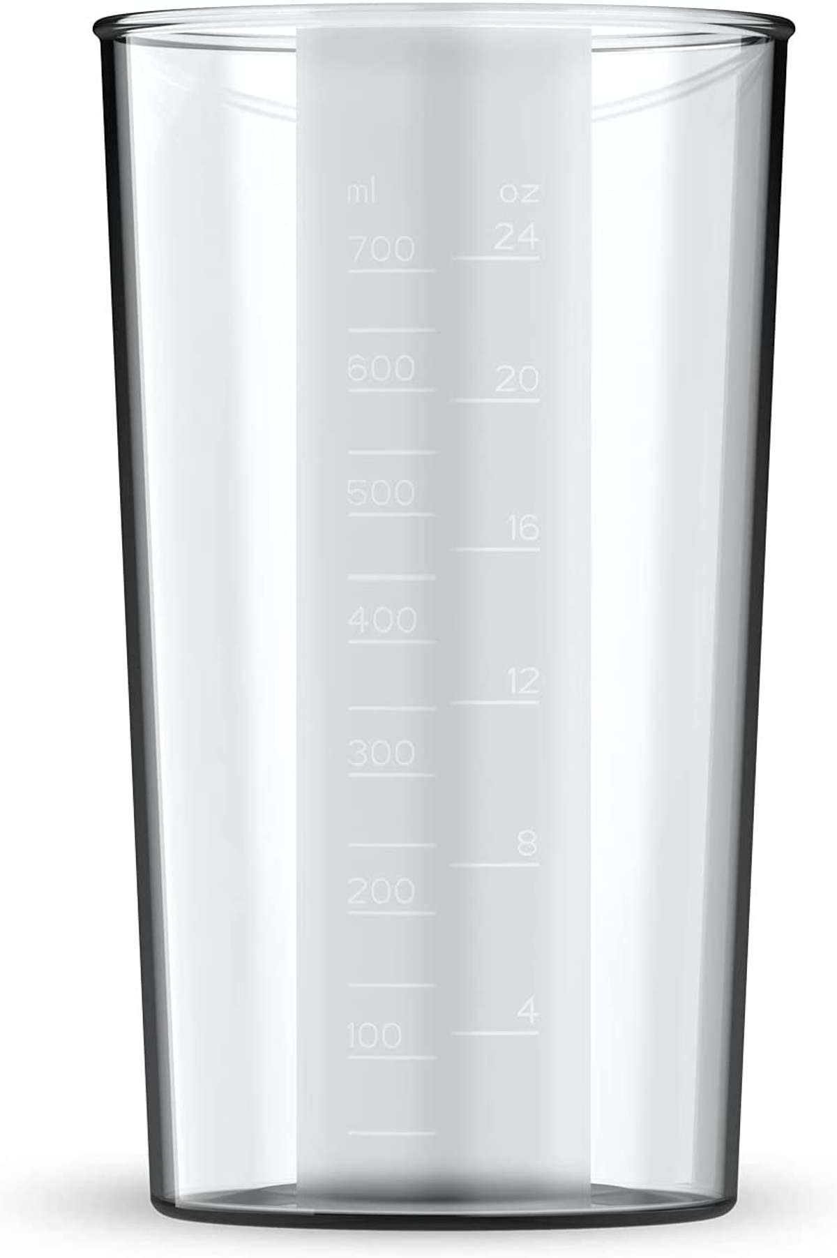 Przezroczysty kubek z miarką z oznaczeniami ml i oz. Jest pusty.
