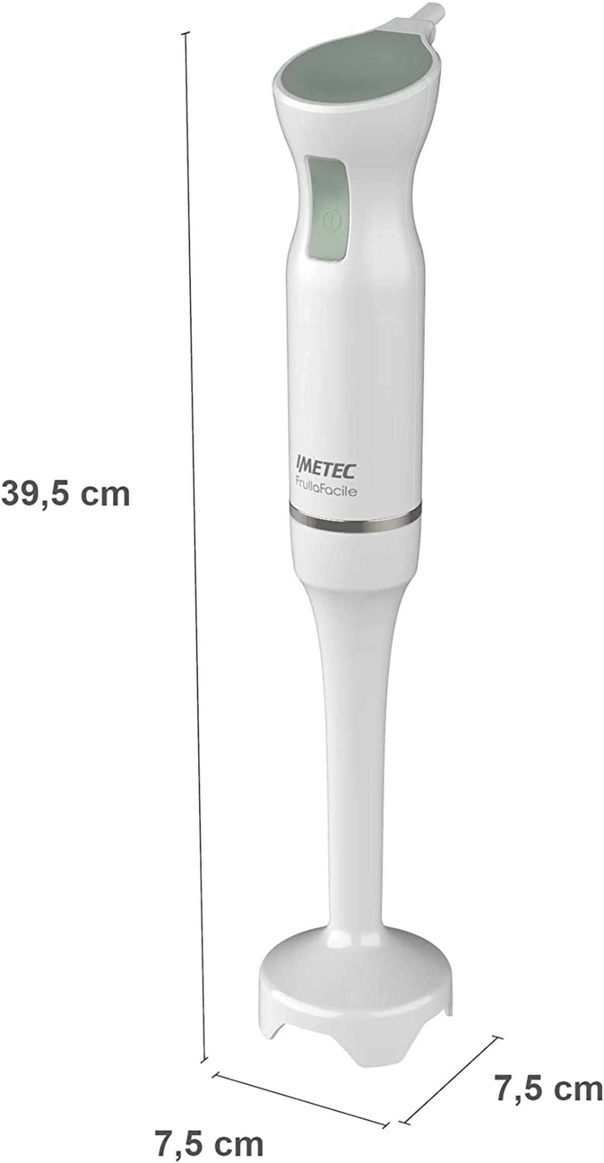 Blender ręczny z wymiarami w cm, biały z zielonym przyciskiem, białe tło.