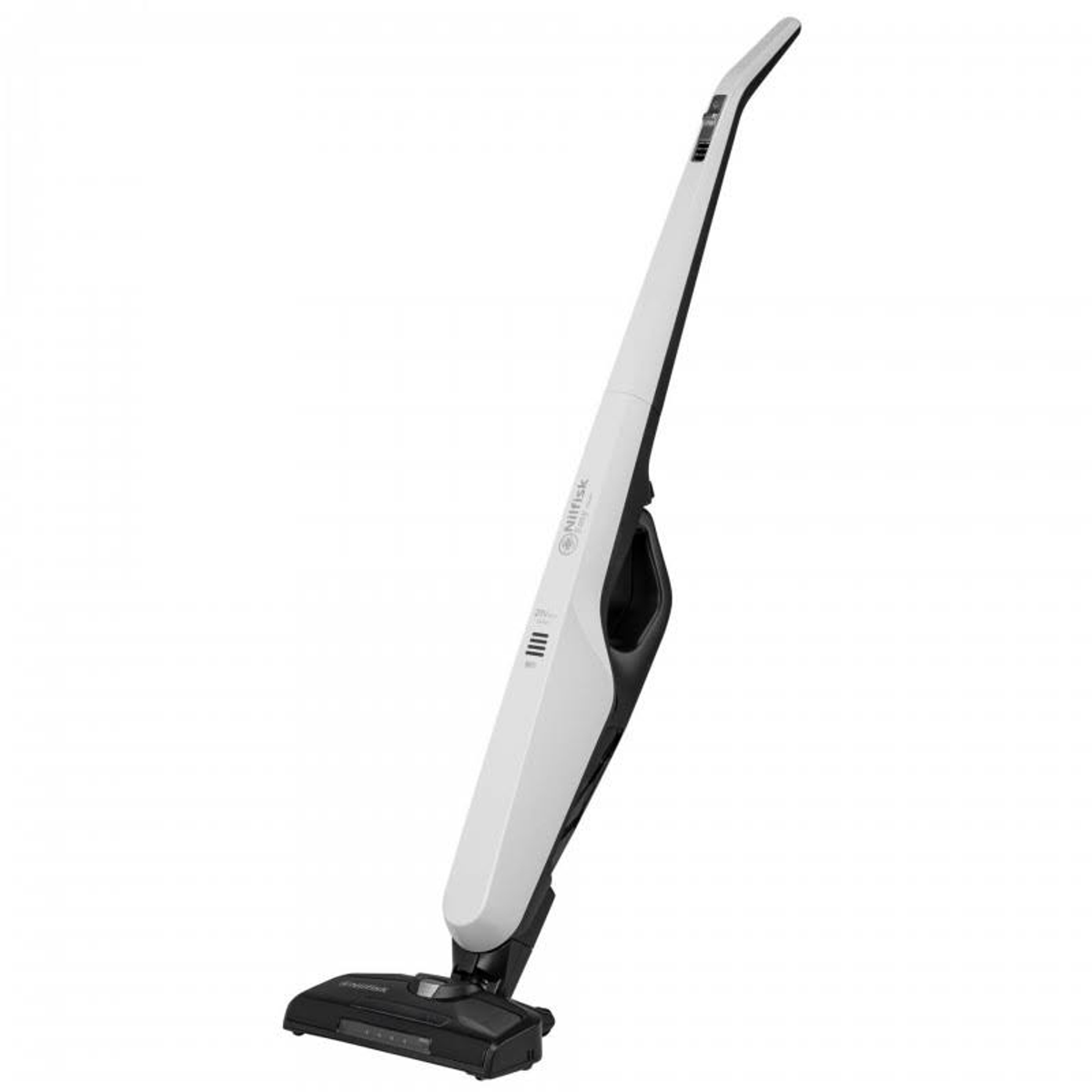 Witte en zwarte Nilfisk steelstofzuiger, schuine weergave. Zwarte borstelkop aan de onderkant.