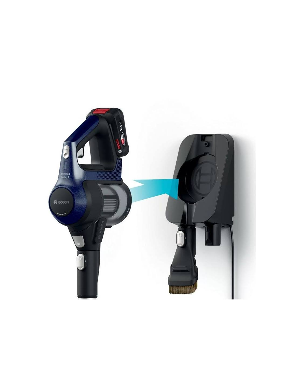 Odkurzacz bezprzewodowy na zamontowanej na ścianie stacji ładującej.