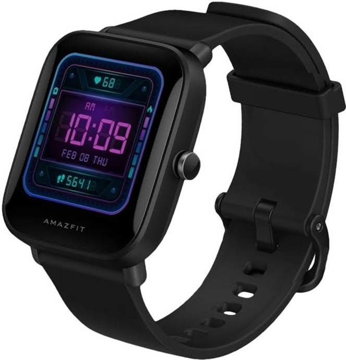 Smartwatch nero con schermo quadrato che mostra ora, data, frequenza cardiaca e passi. Cinturino nero.