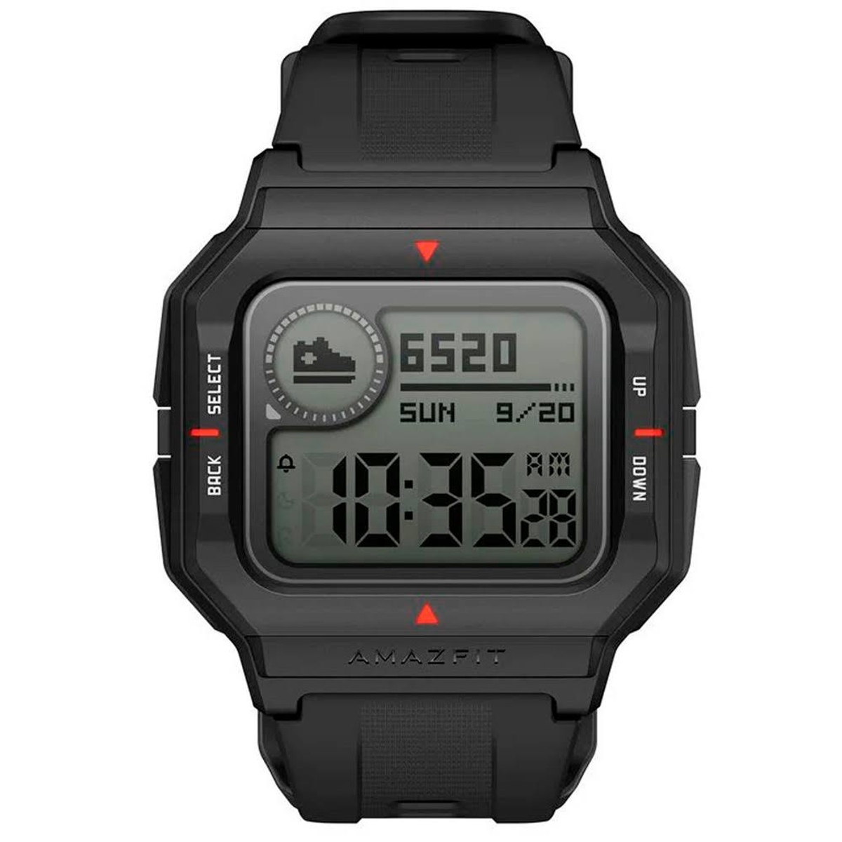 Smartwatch Amazfit nero che mostra ora e data, con pulsanti laterali.