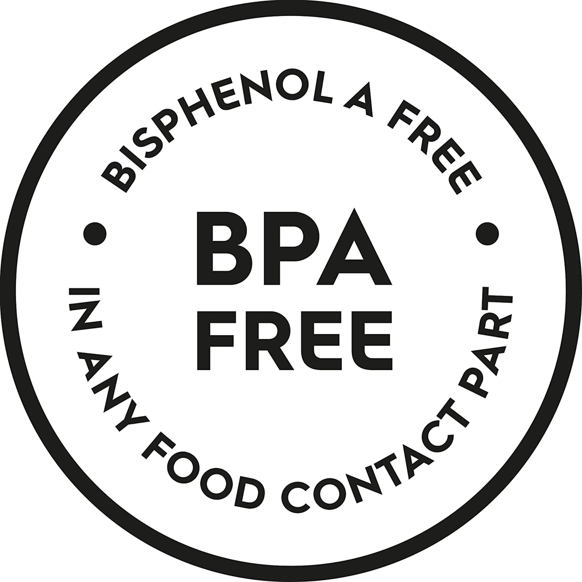 Okrągła naklejka, czarny tekst 'BPA FREE', 'IN ANY FOOD CONTACT PART', na białym tle.