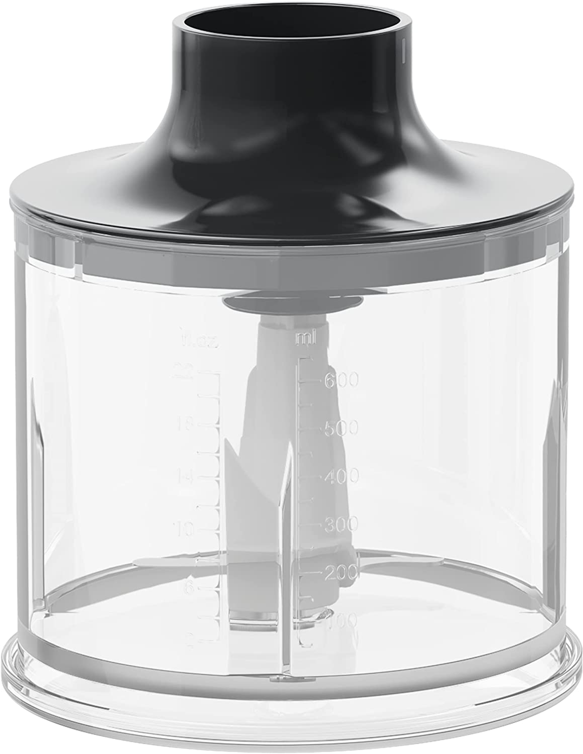 Przezroczysty dzbanek blendera z miarkami i czarną pokrywą.