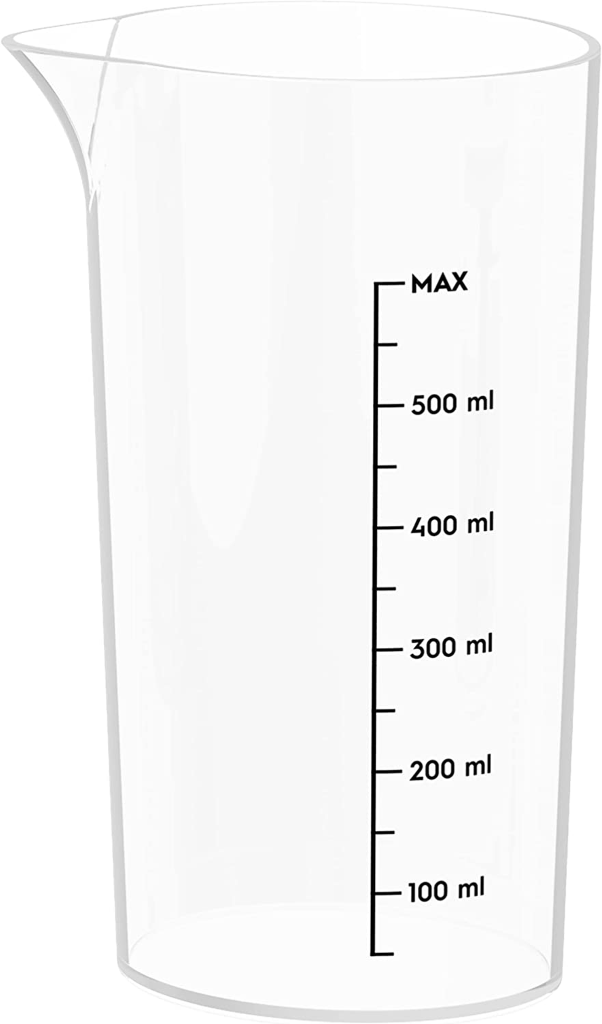 Przezroczysty kubek z miarką ml. Kubek ma dzióbek do nalewania.