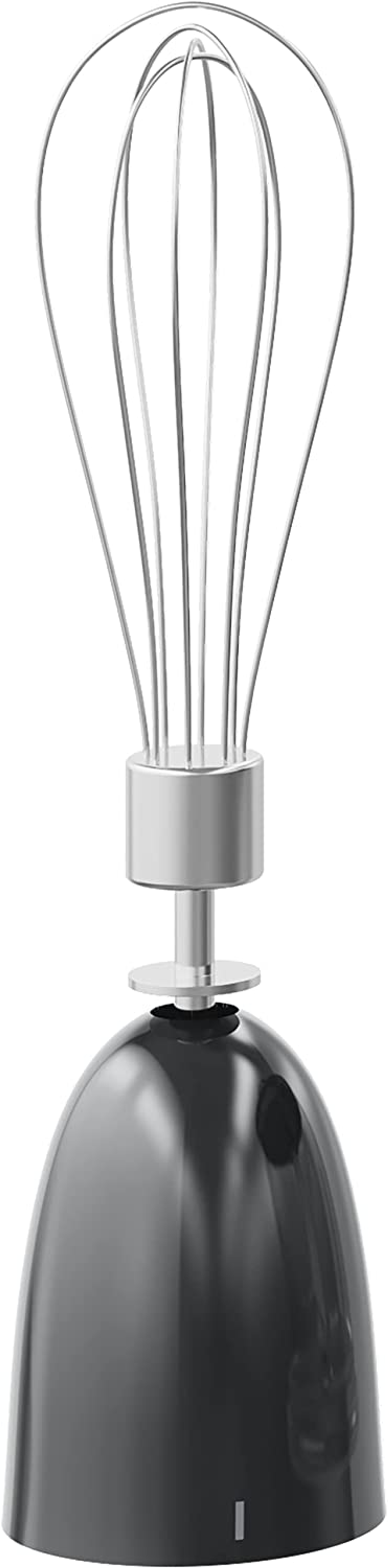 Rózga ze stali nierdzewnej z czarną, błyszczącą podstawą. Jest w pozycji pionowej.