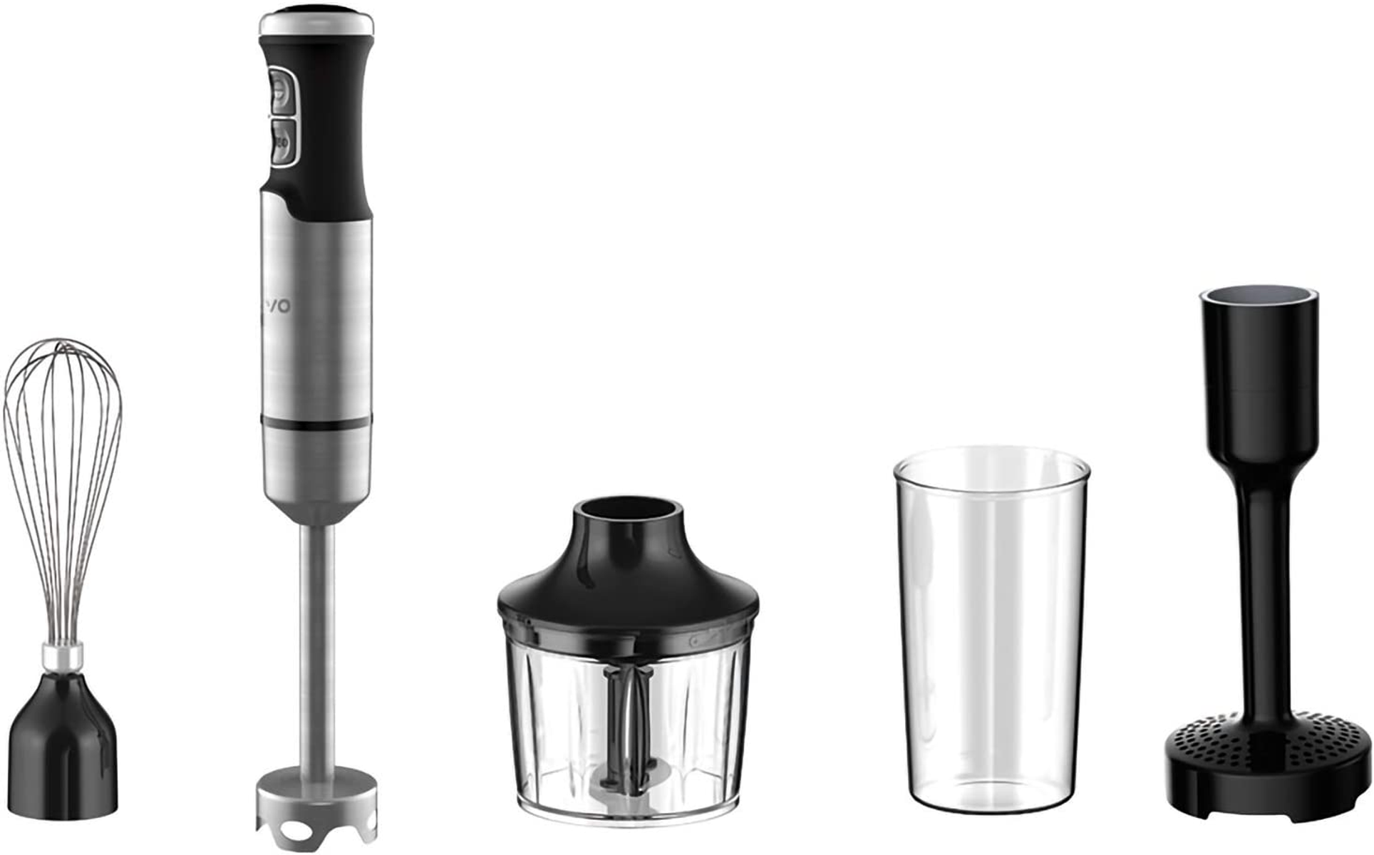 Batidora de mano con accesorios: batidor, batidora, picadora y vaso. Negro y acero.
