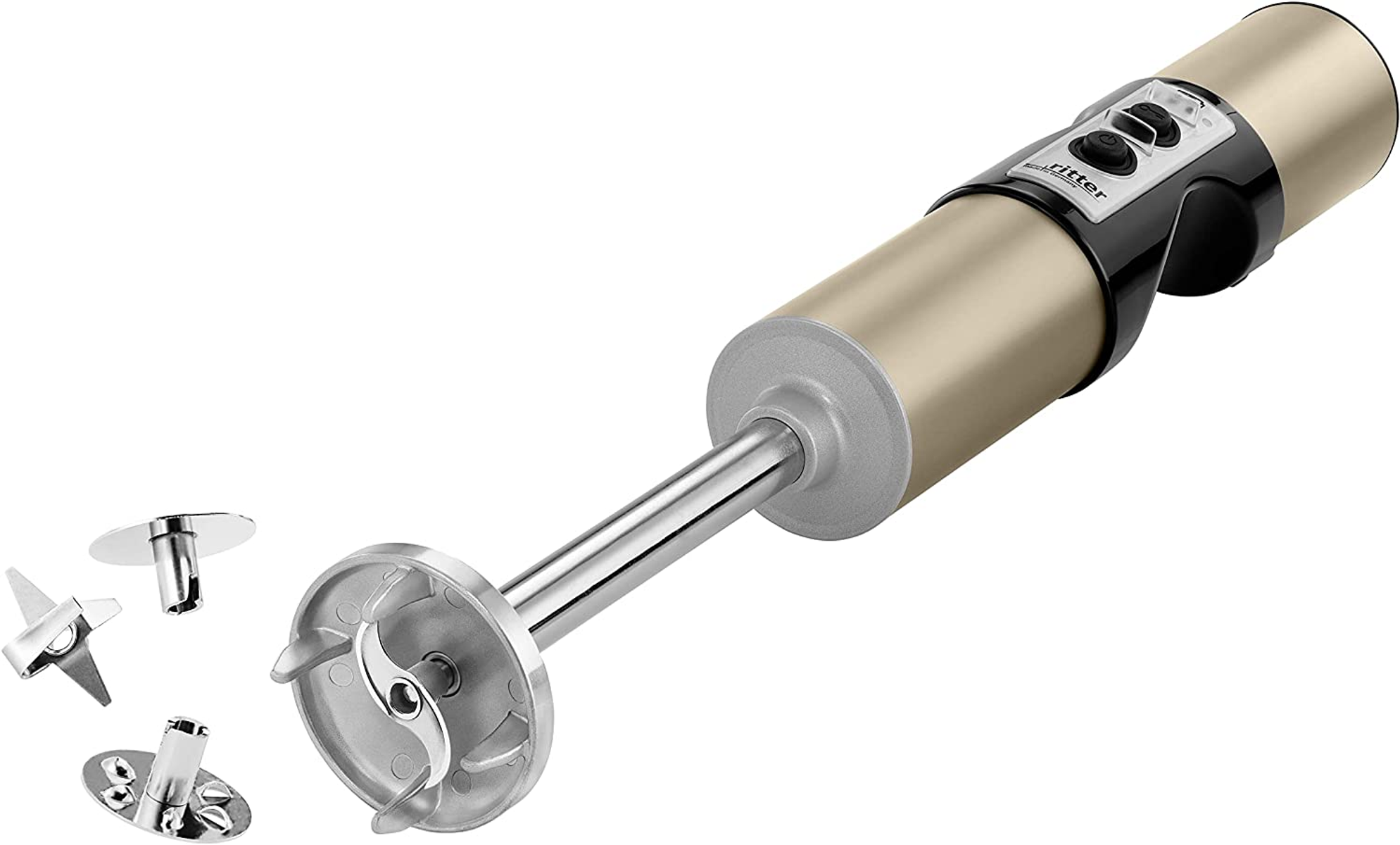 Un frullatore a immersione color oro con più accessori a lama, su sfondo bianco.