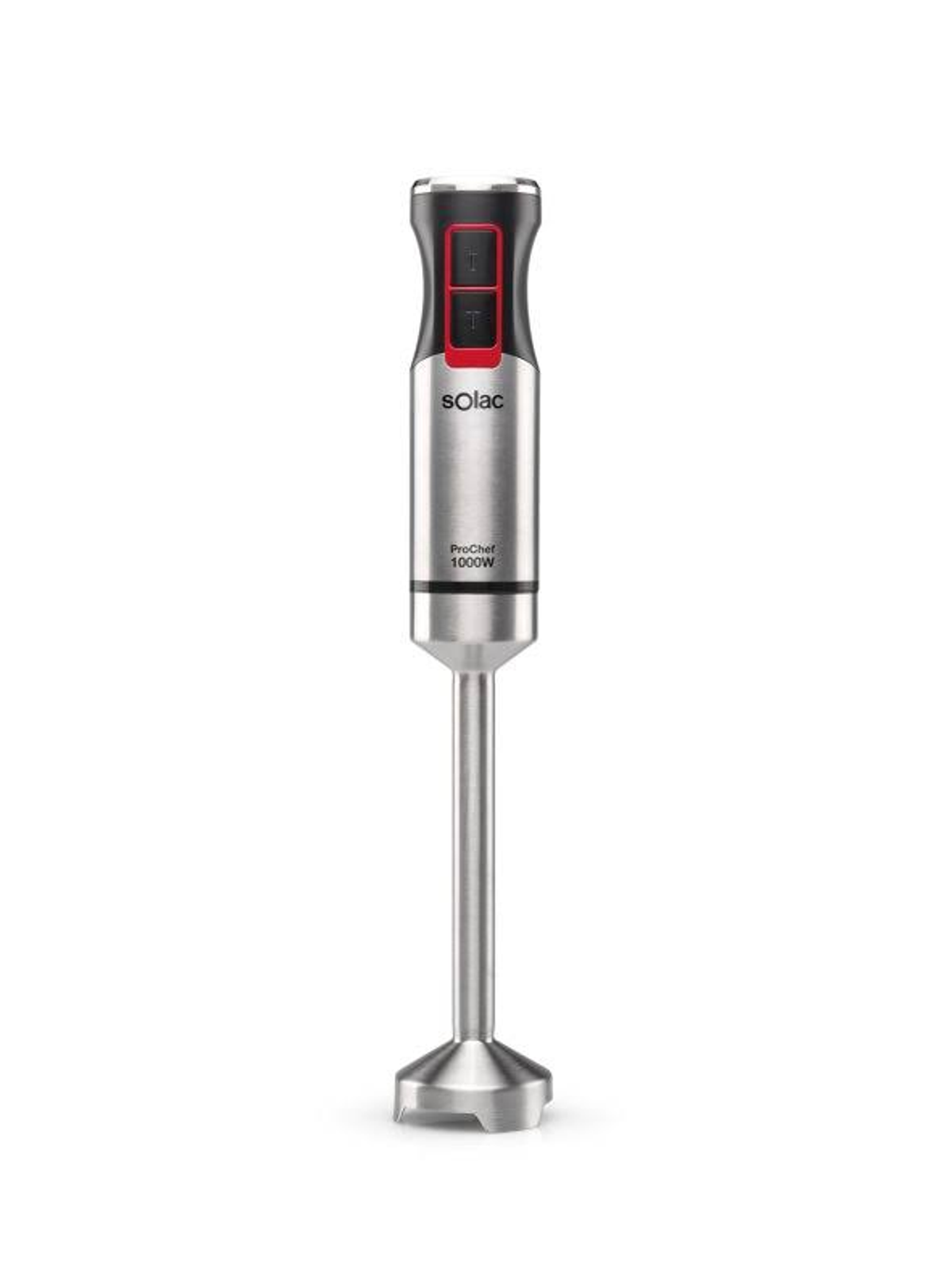 Batidora de inmersión plateada con botones negros y rojos. Etiquetada como 'solac ProChef 1000W'.