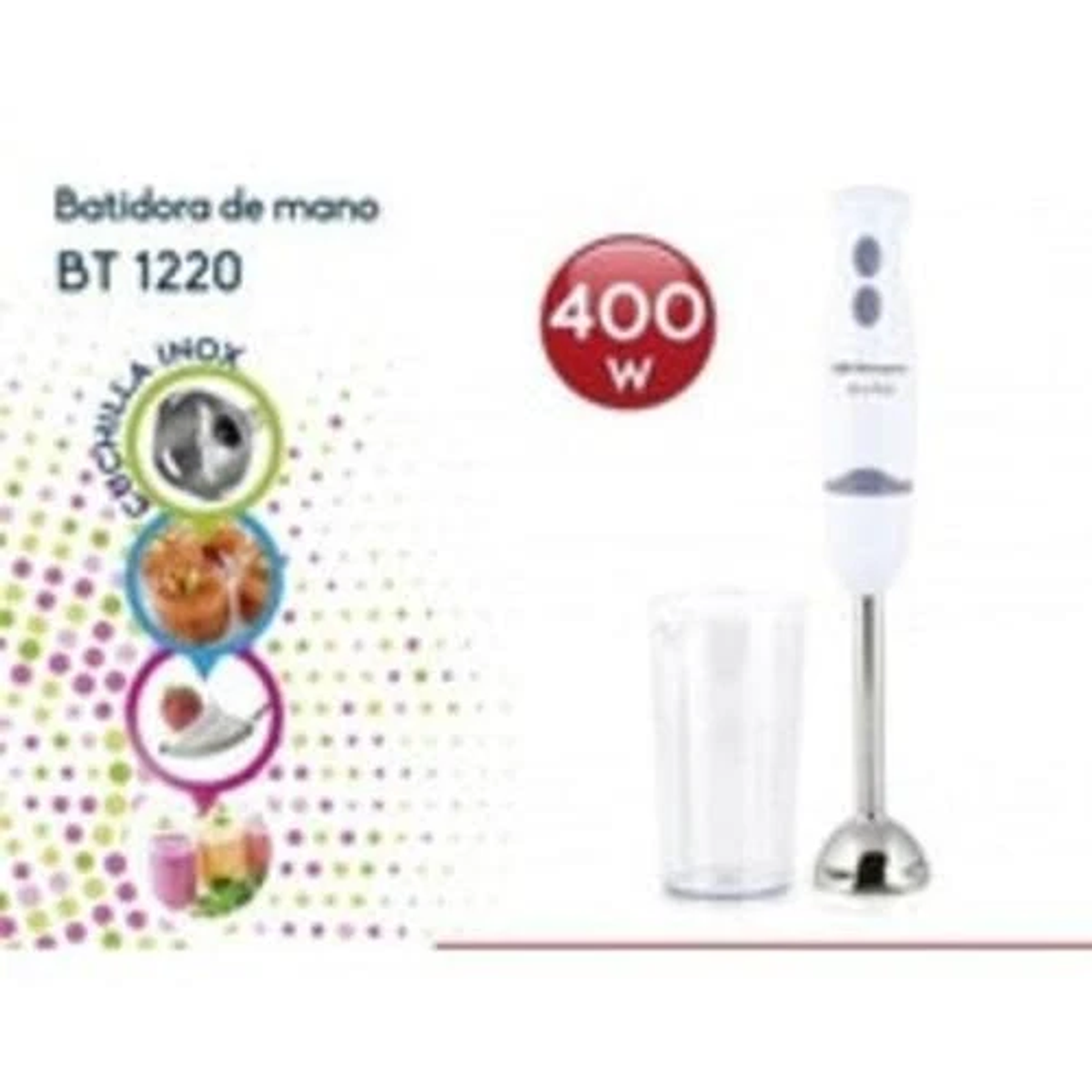 Batidora de mano con características a la izquierda, emblema rojo 400W y vaso sobre blanco.