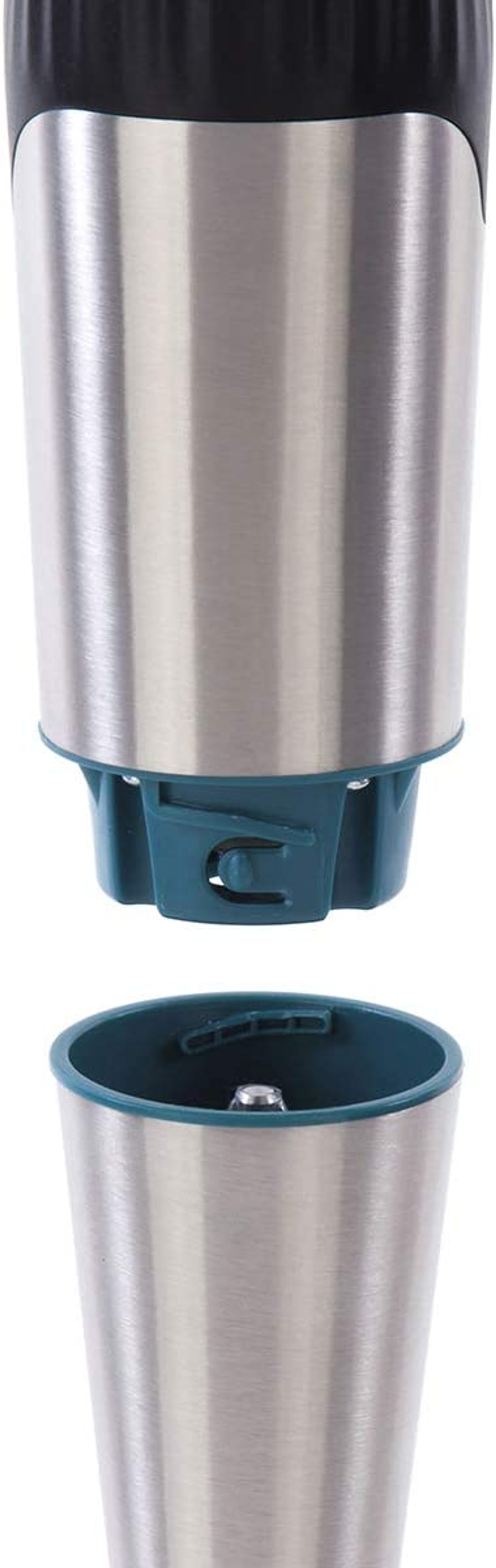 Accesorio de batidora de inmersión de acero inoxidable con base azul y taza a juego.