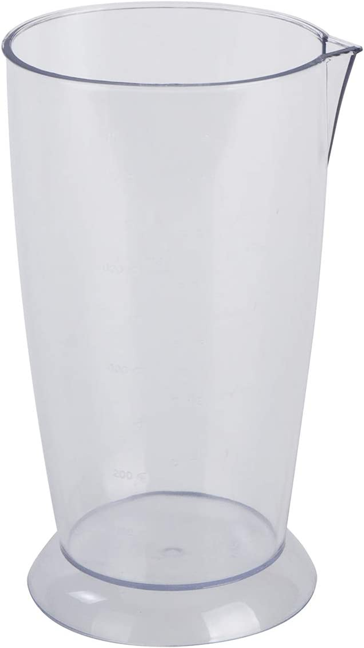Vaso medidor transparente, alto y cilíndrico con marcas de volumen.
