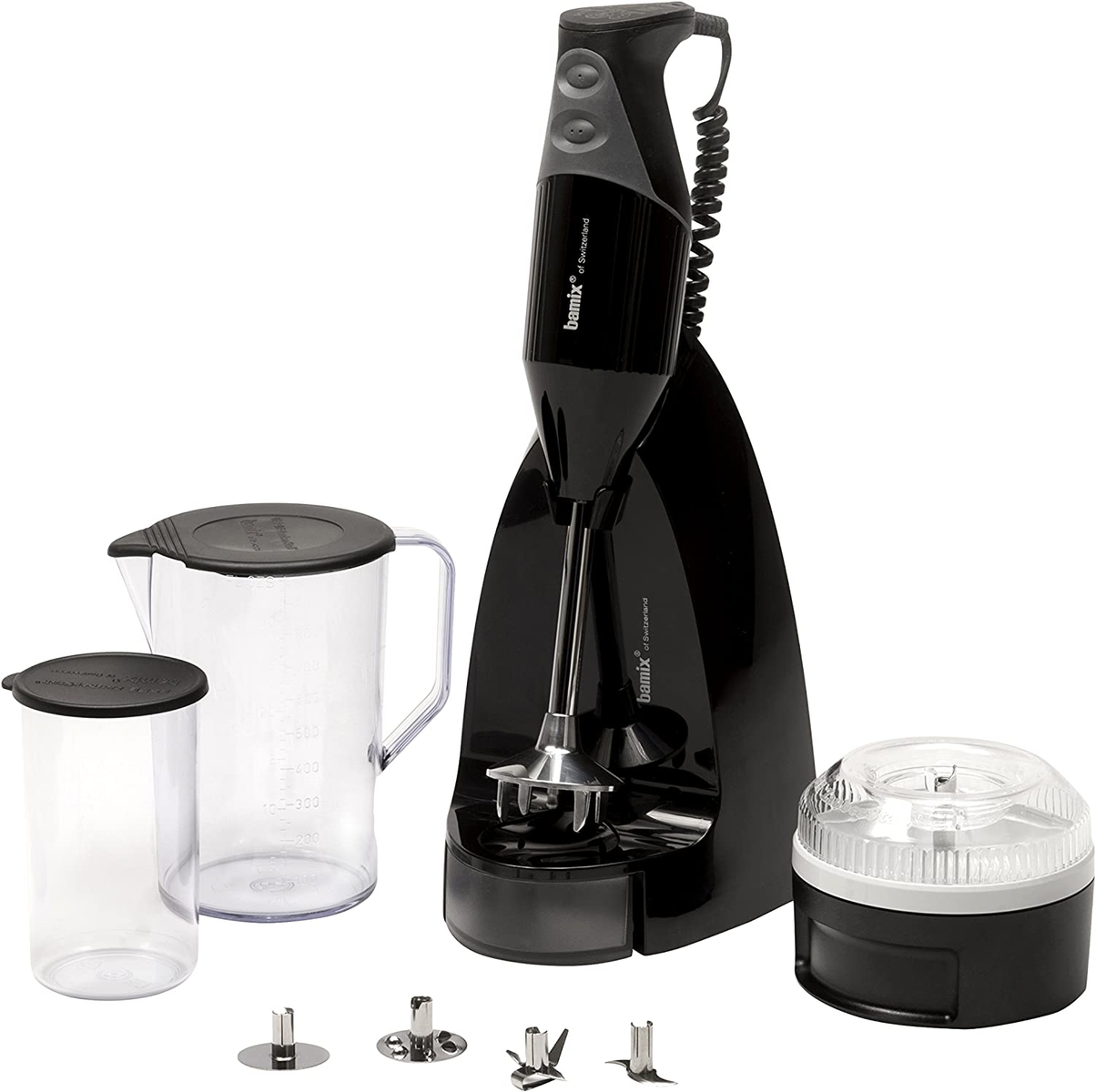 Frullatore a immersione con accessori, base nera e due contenitori trasparenti.