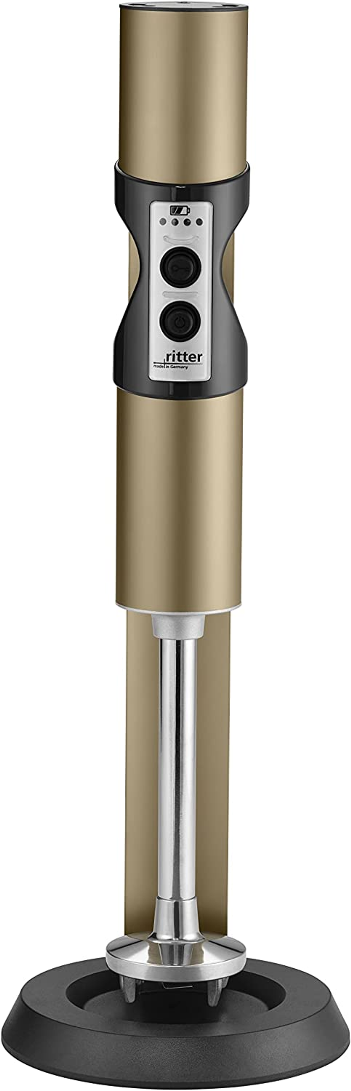 Ein goldfarbener Stabmixer mit schwarzem Bedienfeld und zwei Knöpfen, stehend auf einem schwarzen Sockel.