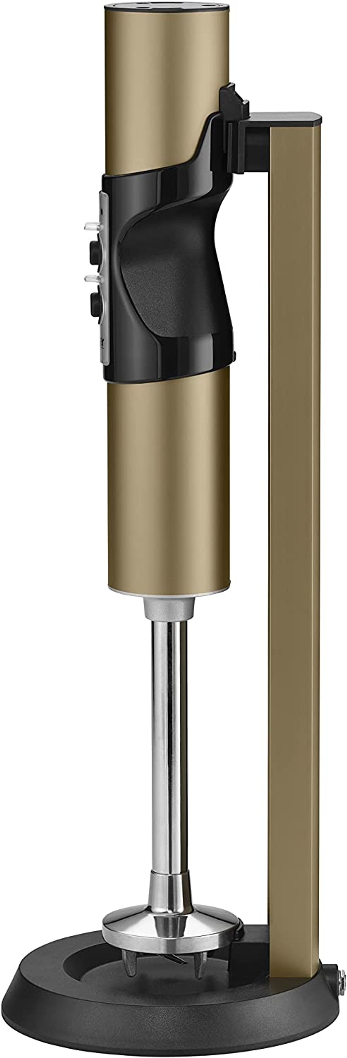 Beiger Stabmixer auf Ständer, schwarze und silberne Akzente.