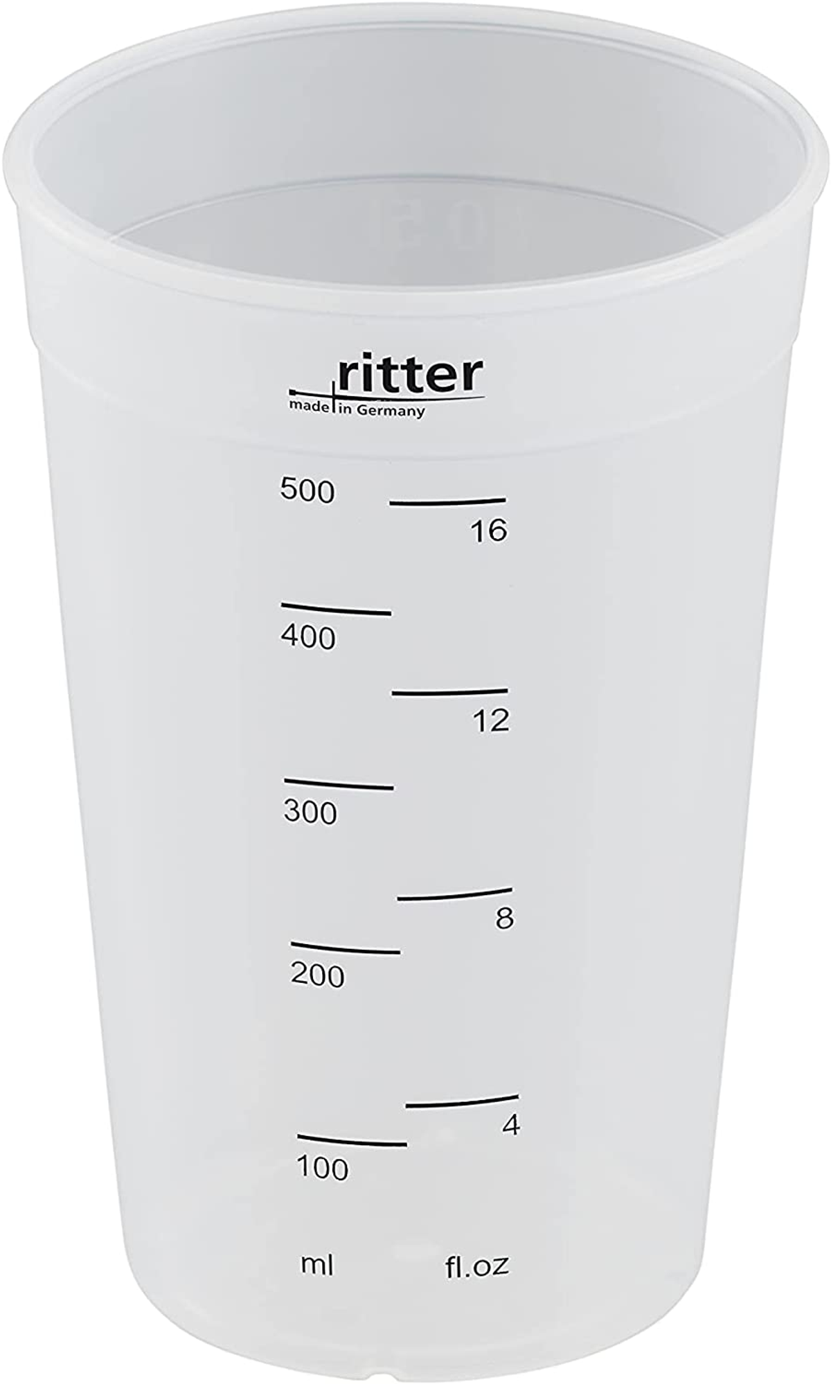 Transparenter Messbecher mit schwarzen Markierungen. ml- und fl.oz.-Maße sind sichtbar. Weißer Hintergrund.