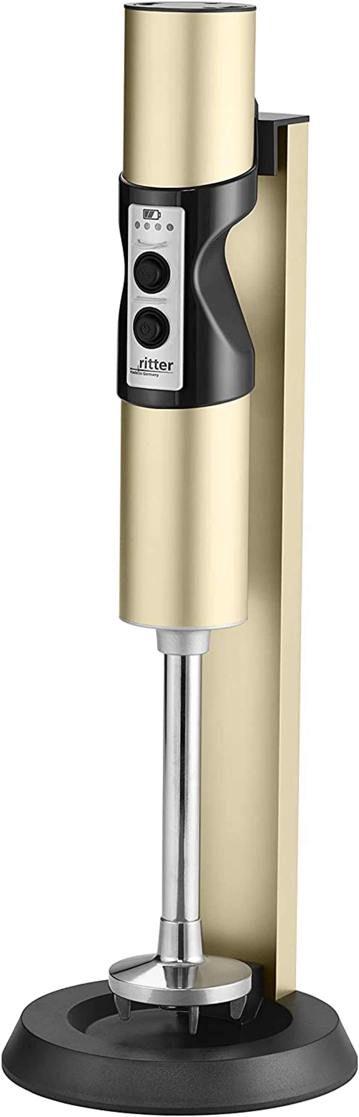 Goldfarbener Stabmixer mit schwarzem Bedienfeld und silbernem Stiel. Auf einem Ständer montiert.