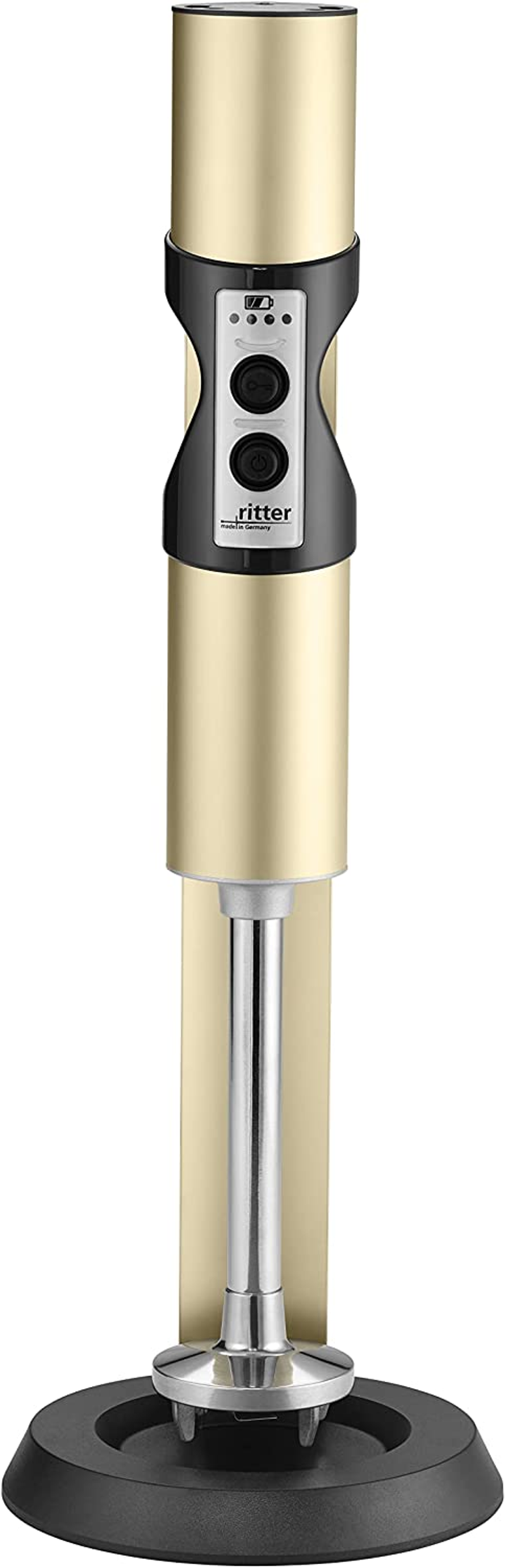 Ein beigefarbener Stabmixer in einem Ständer mit schwarzer Basis und Knöpfen.