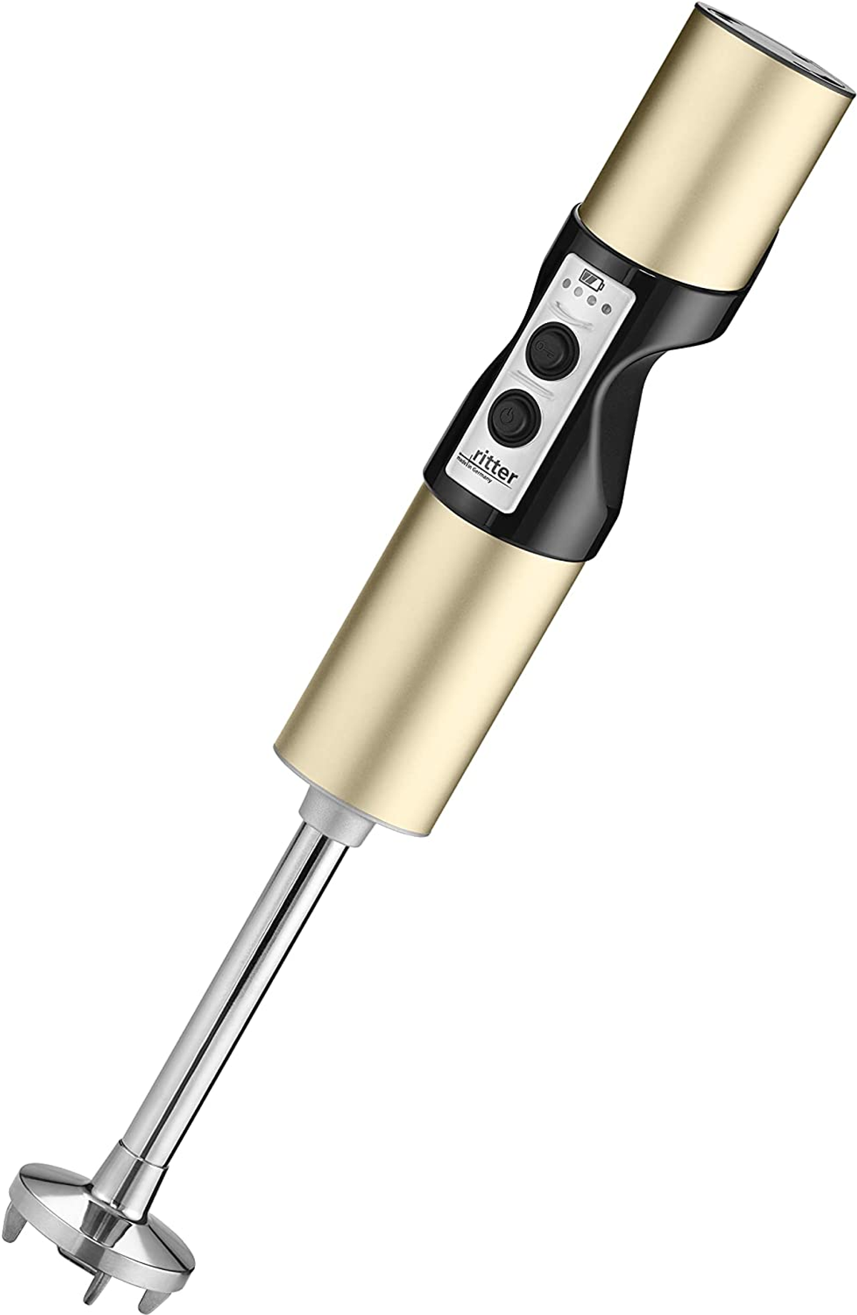 Handmixer, gold und silber. Hat Knöpfe und eine Klinge. Schräge Aufnahme.