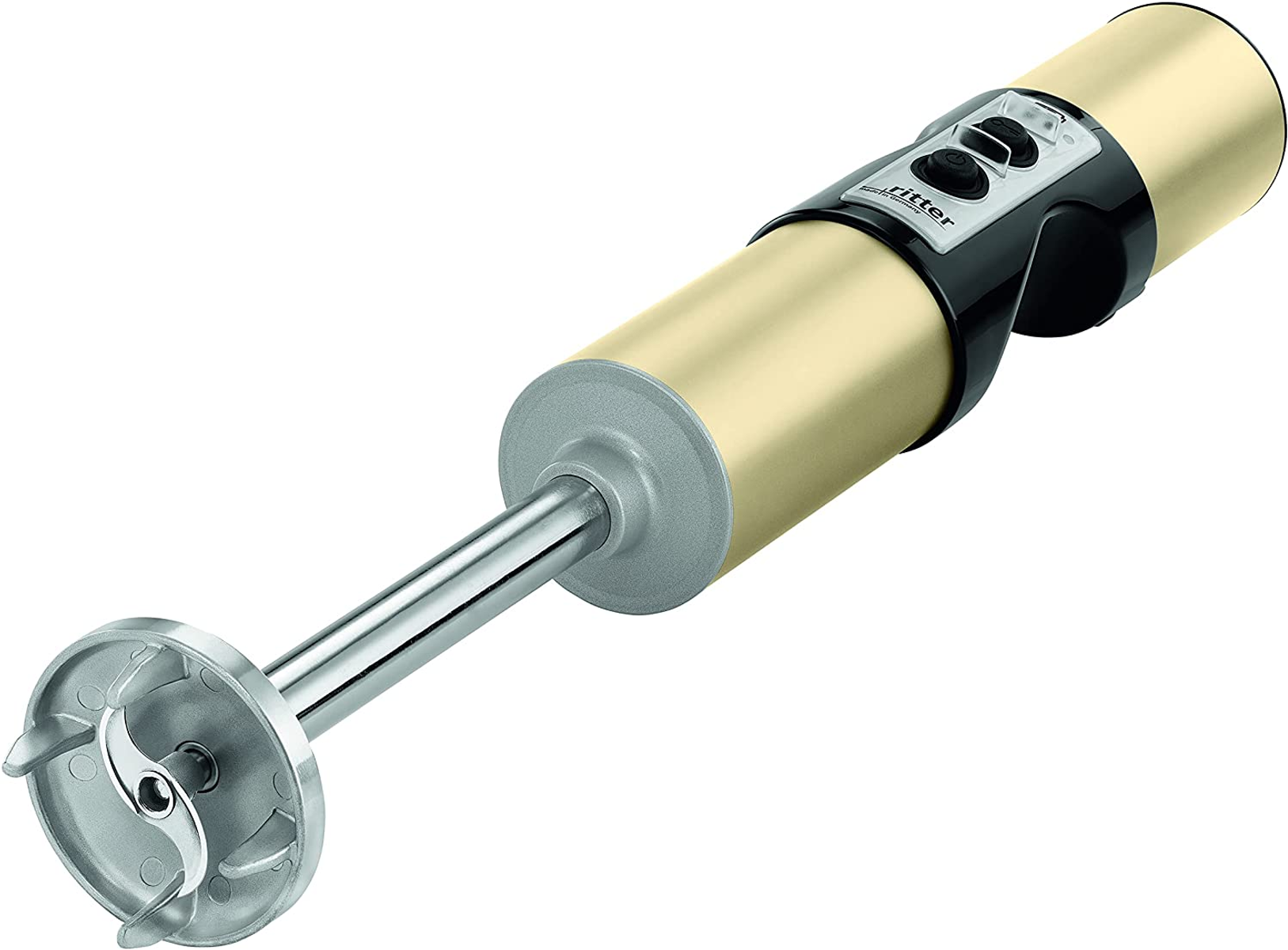 Ein goldfarbener Stabmixer mit schwarzem Bedienfeld, isoliert auf Weiß.
