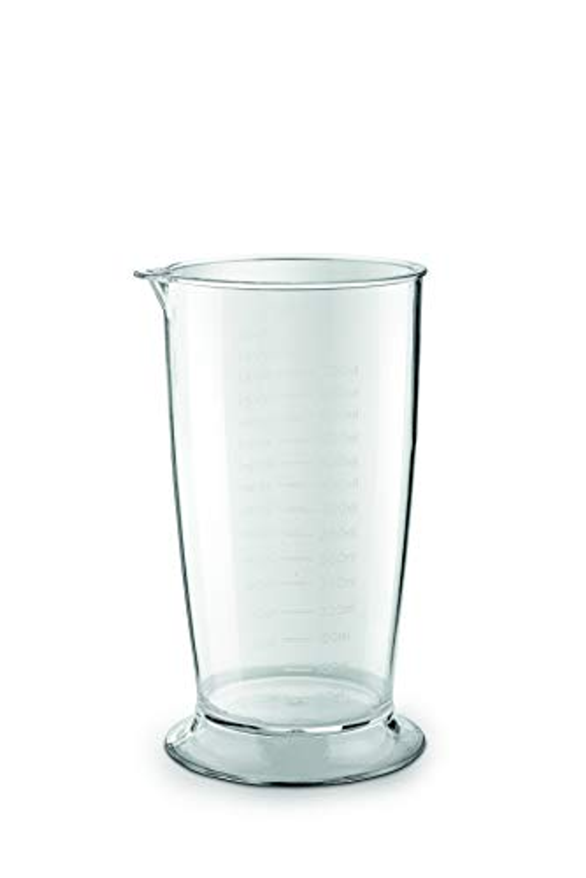 Transparenter Messbecher. Graduierte Markierungen an der Seite. Konische Form.