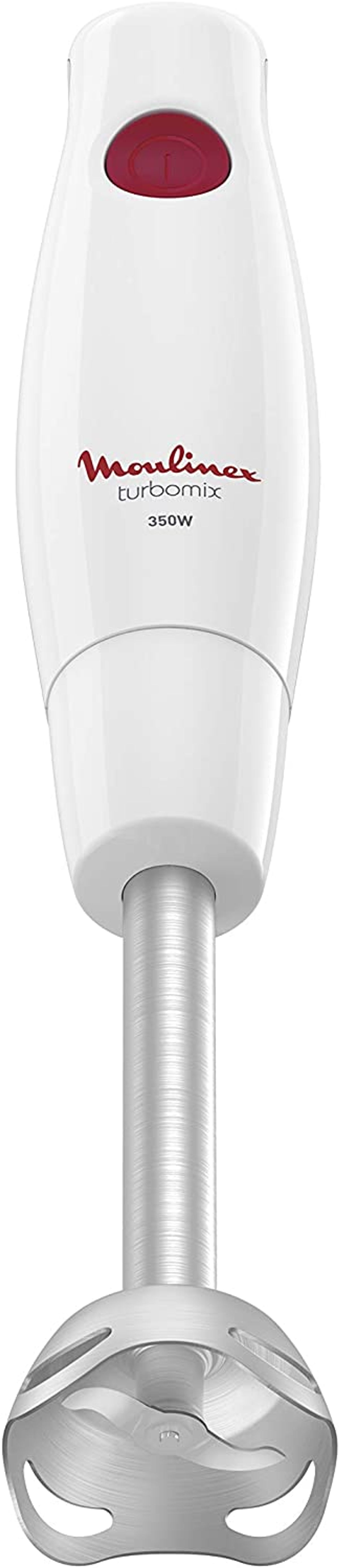 Biały blender ręczny. Czerwony przycisk na górze. Ostrze ze stali nierdzewnej.