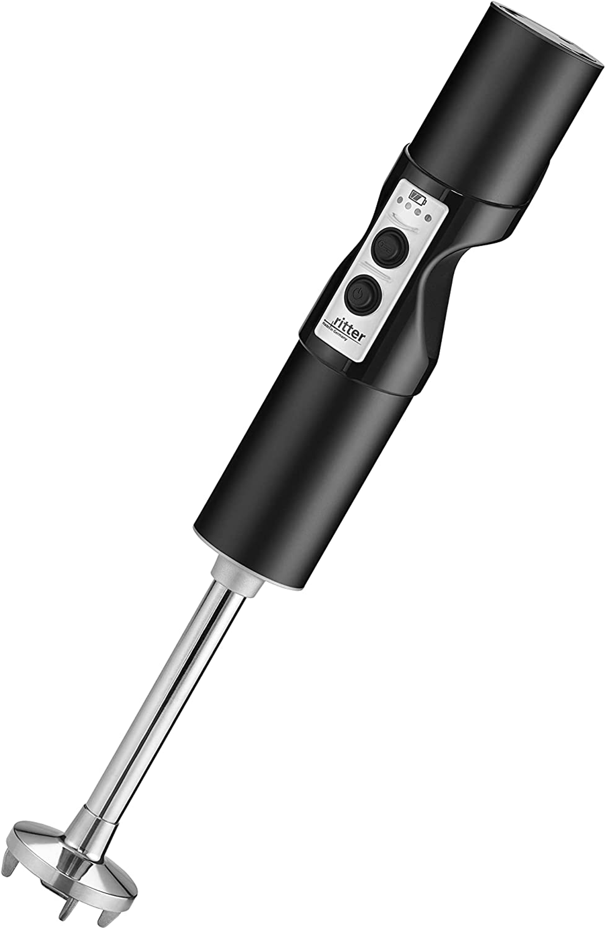 Schwarzer Stabmixer mit einem Metall-Mixaufsatz.