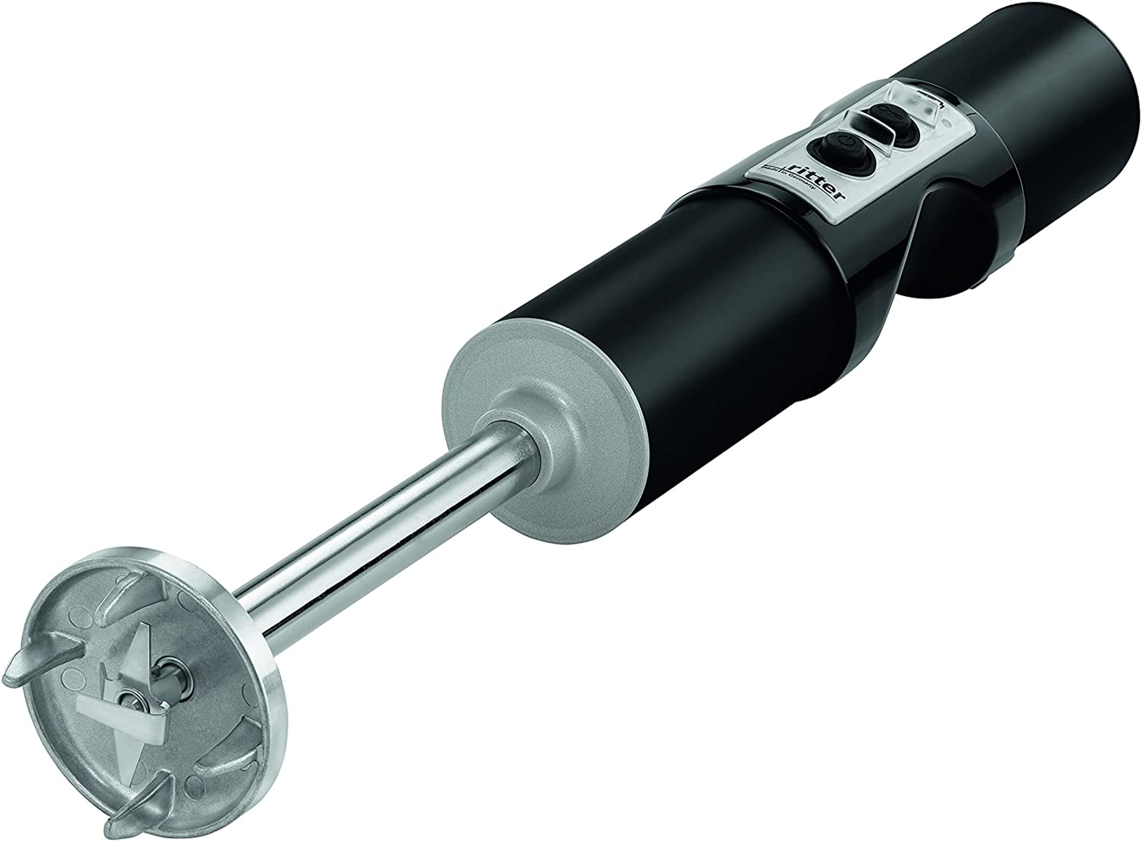 Schwarzer Stabmixer mit Klingen. Es hat Knöpfe oben.