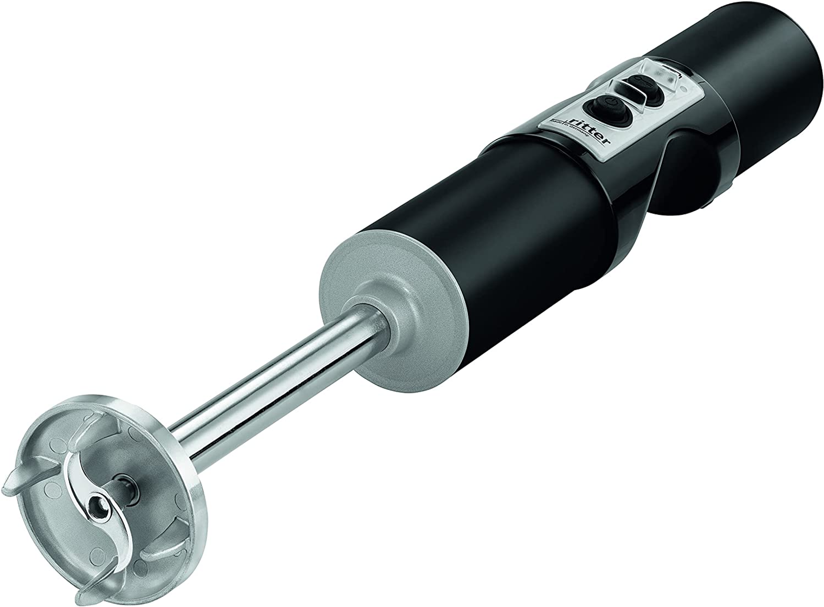 Schwarzer Stabmixer mit silberner Klinge und Details.