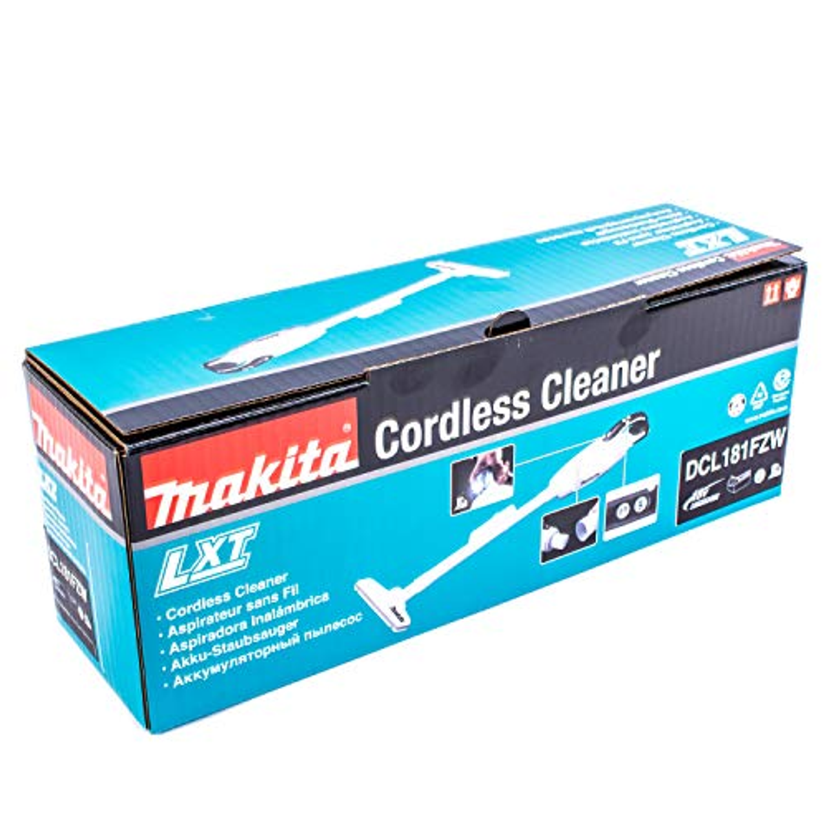 Makita Akku-Staubsauger-Box auf weißer Oberfläche mit Produktbildern.