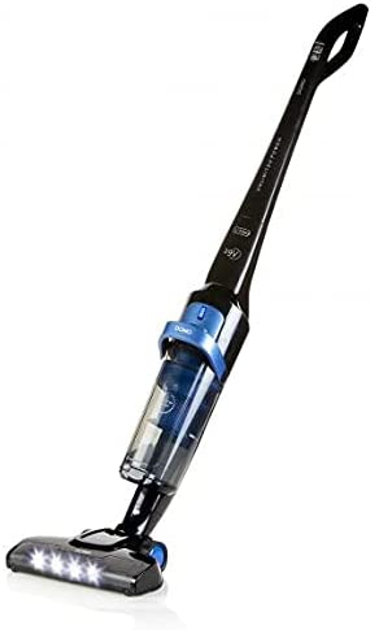 Kabelloser Staubsauger in Schwarz und Blau. Der Staubsauger hat LED-Leuchten und ist in einem Winkel.