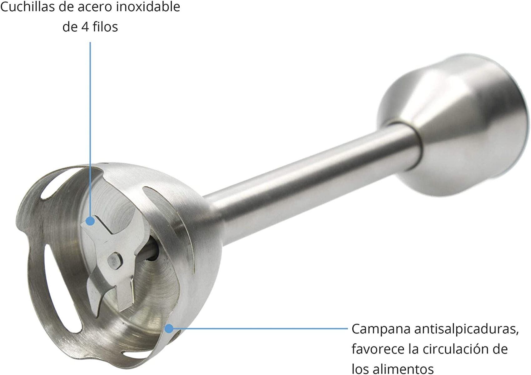Primer plano del cabezal de la batidora de inmersión con etiquetas, acero inox.