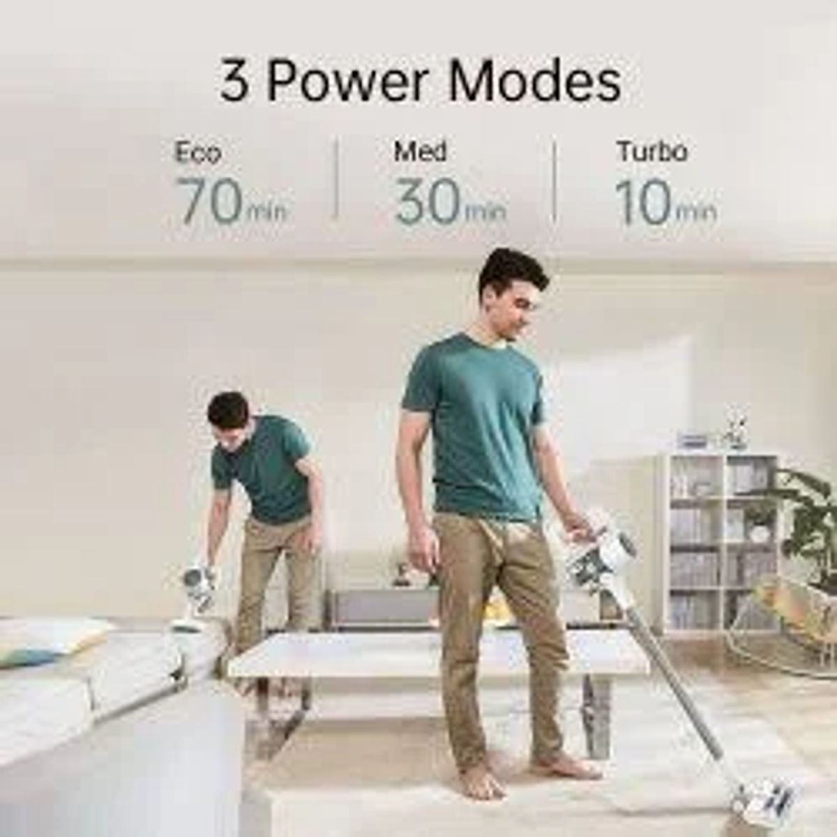 Bir adam elektrikli süpürge kullanıyor, iki farklı güç modu ve süre gösteriliyor.