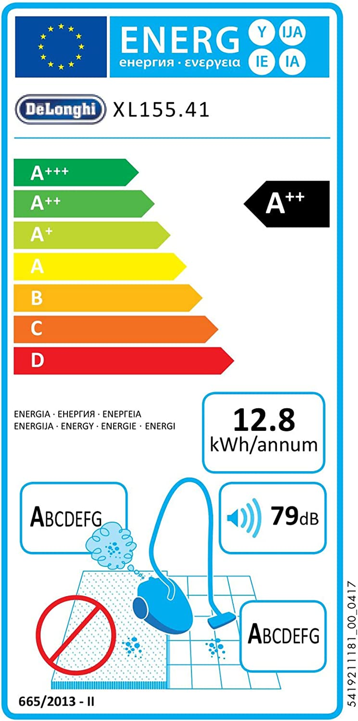 Etykieta energetyczna DeLonghi z oceną A++ dla odkurzacza, ze szczegółami dotyczącymi energii i hałasu.