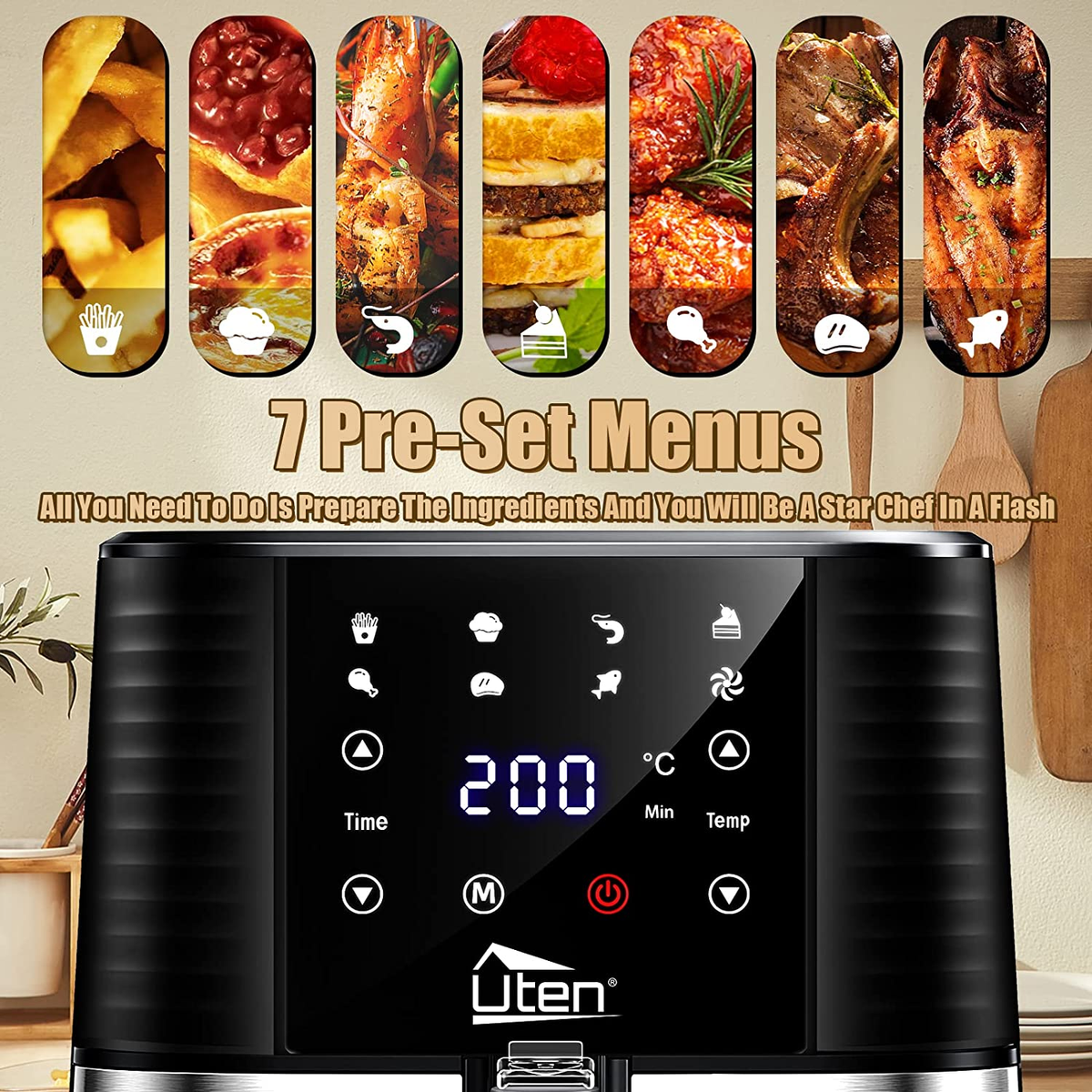 Friggitrice ad aria nera con icone di cibo e display a 200 gradi.