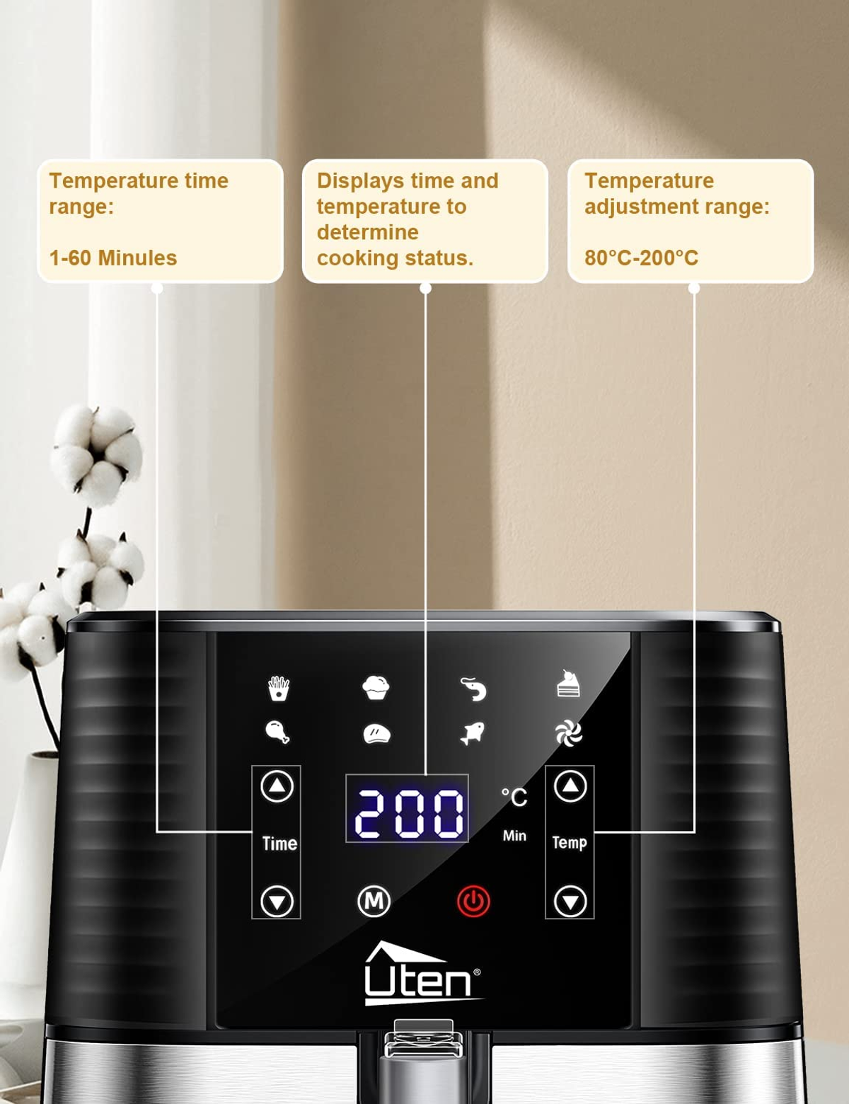 Display digitale della friggitrice ad aria nera. Mostra ora, temperatura e impostazioni.