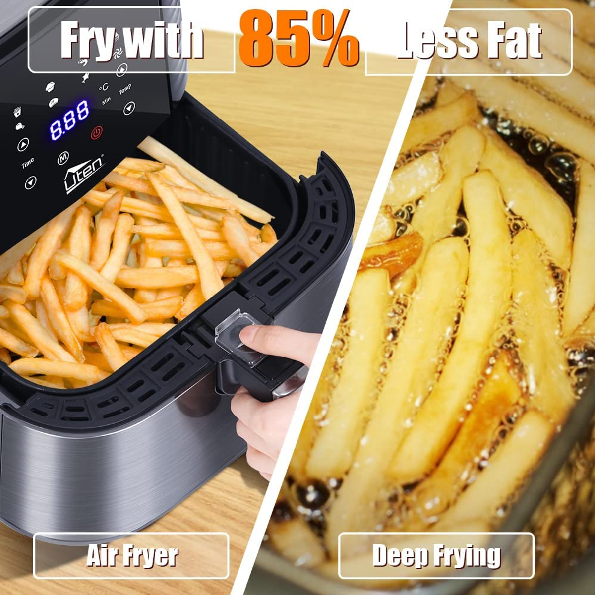 Un confronto tra friggitrice ad aria e frittura. Friggitrice ad aria a sinistra, frittura a destra.