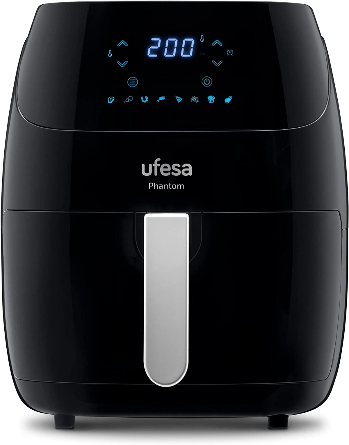 Friggitrice ad aria nera con display digitale e maniglia.