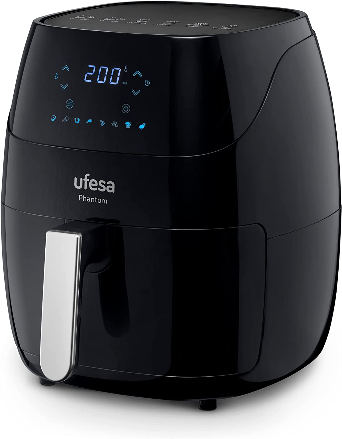 Friggitrice ad aria nera. Il display digitale mostra la temperatura. Vista frontale.