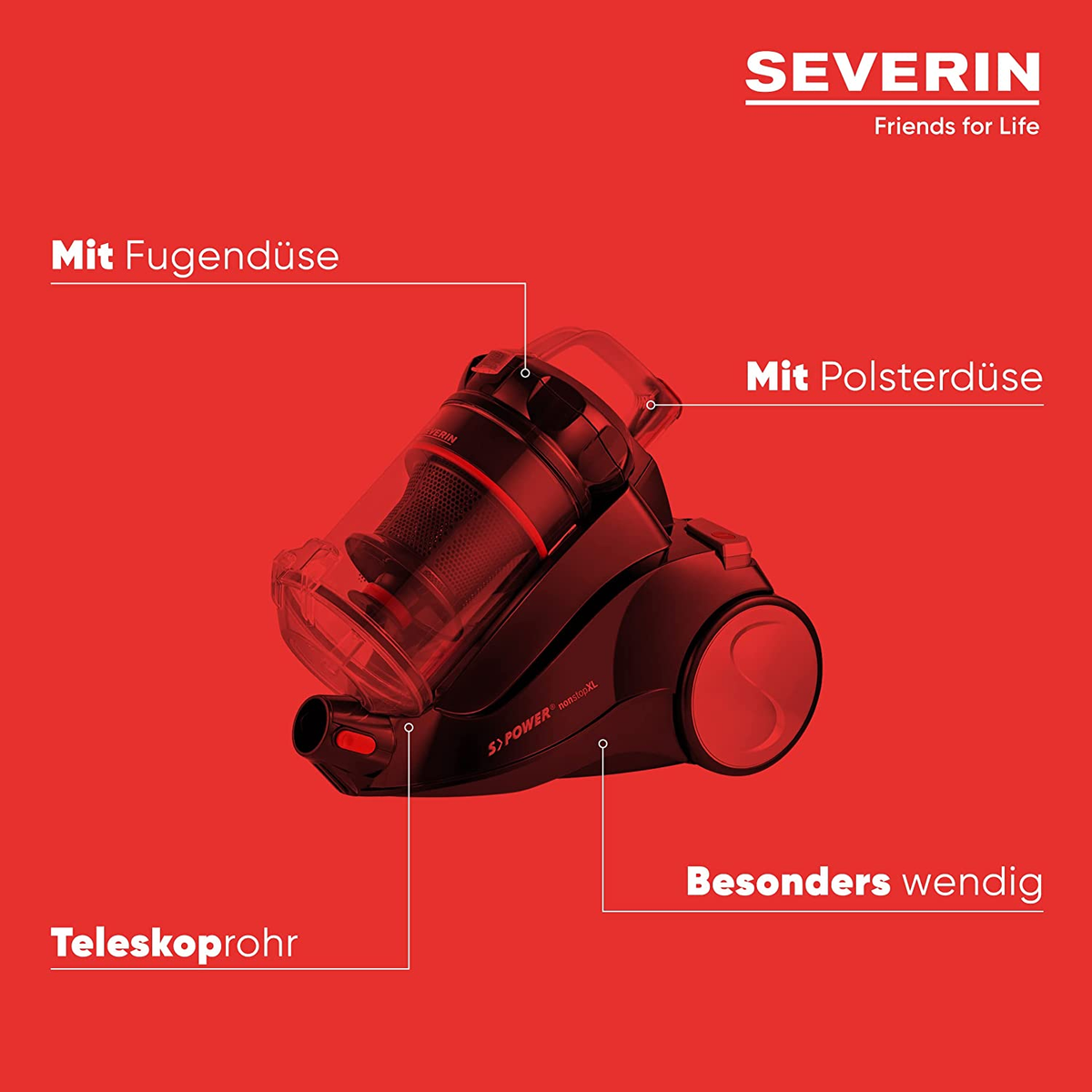 Czarny odkurzacz z etykietami tekstowymi. Etykiety tekstowe są w języku niemieckim, na czerwonym tle.