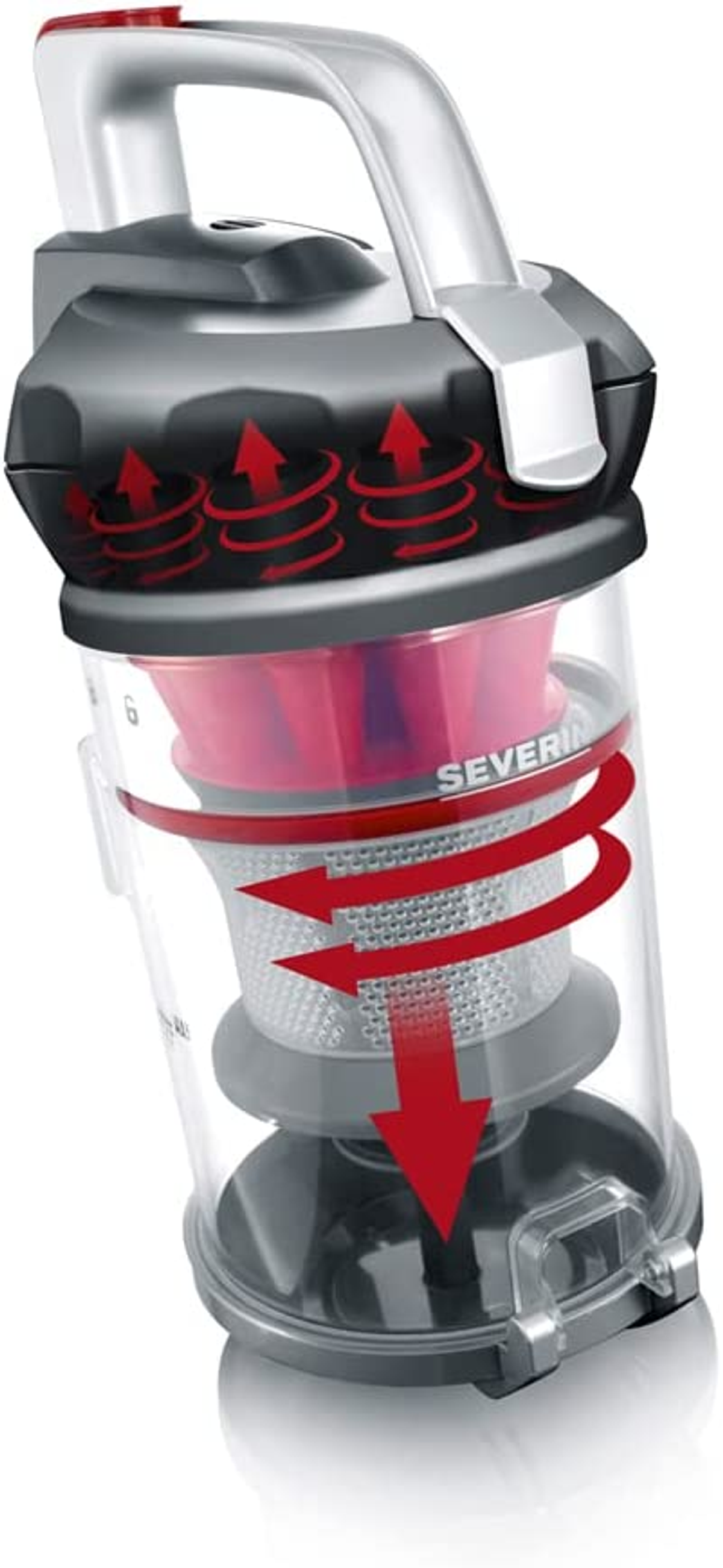 Przezroczysty odkurzacz z czerwonymi detalami. Strzałki pokazują przepływ powietrza wewnątrz odkurzacza.