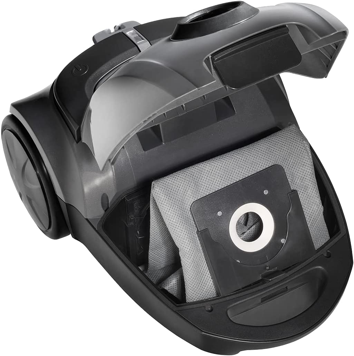 A black vacuum cleaner with an open compartment. A gray filter bag is visible inside the compartment.
