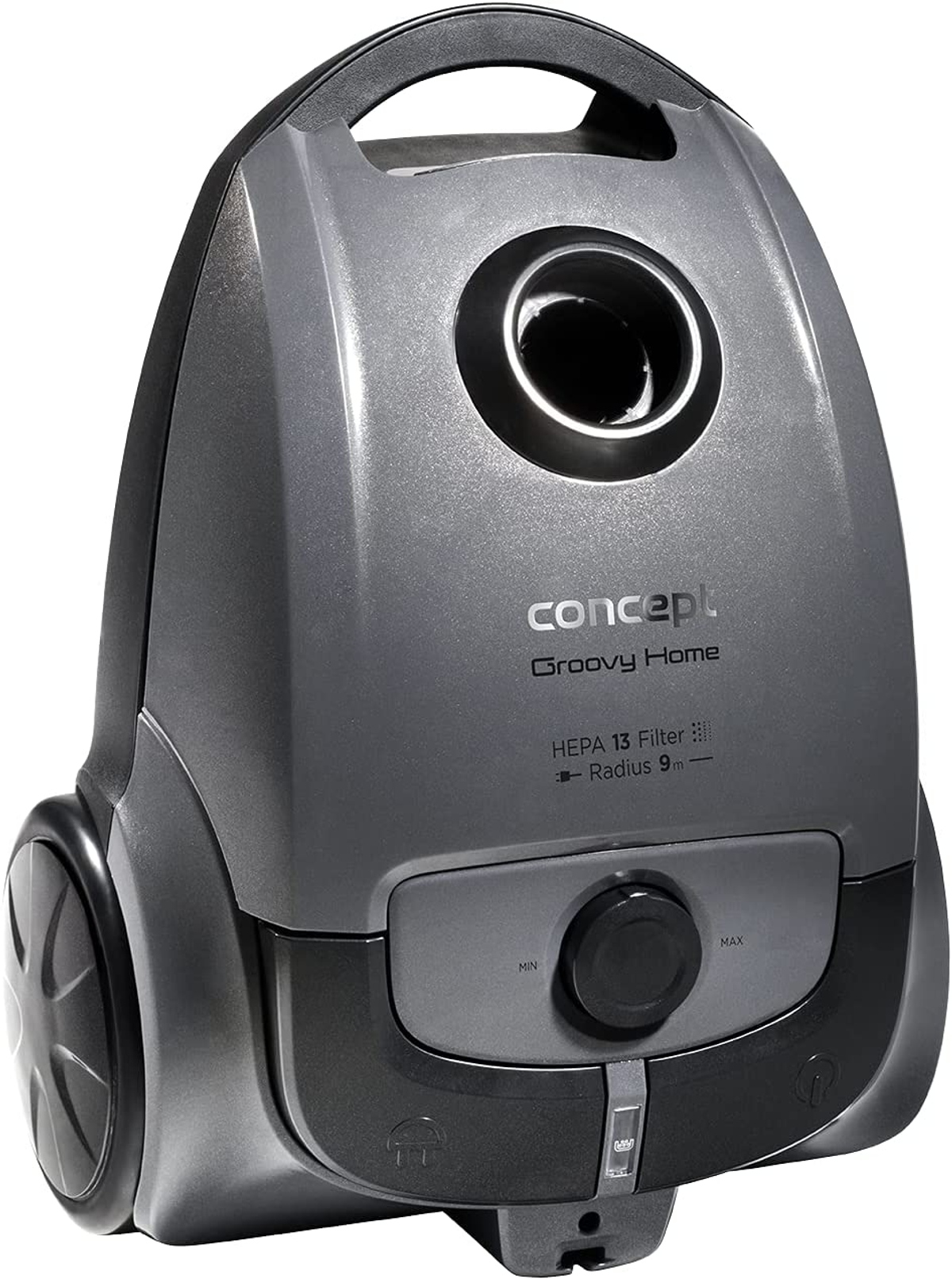 Gray vacuum cleaner. It has a round design with a handle and a dial. Brand is Concept.