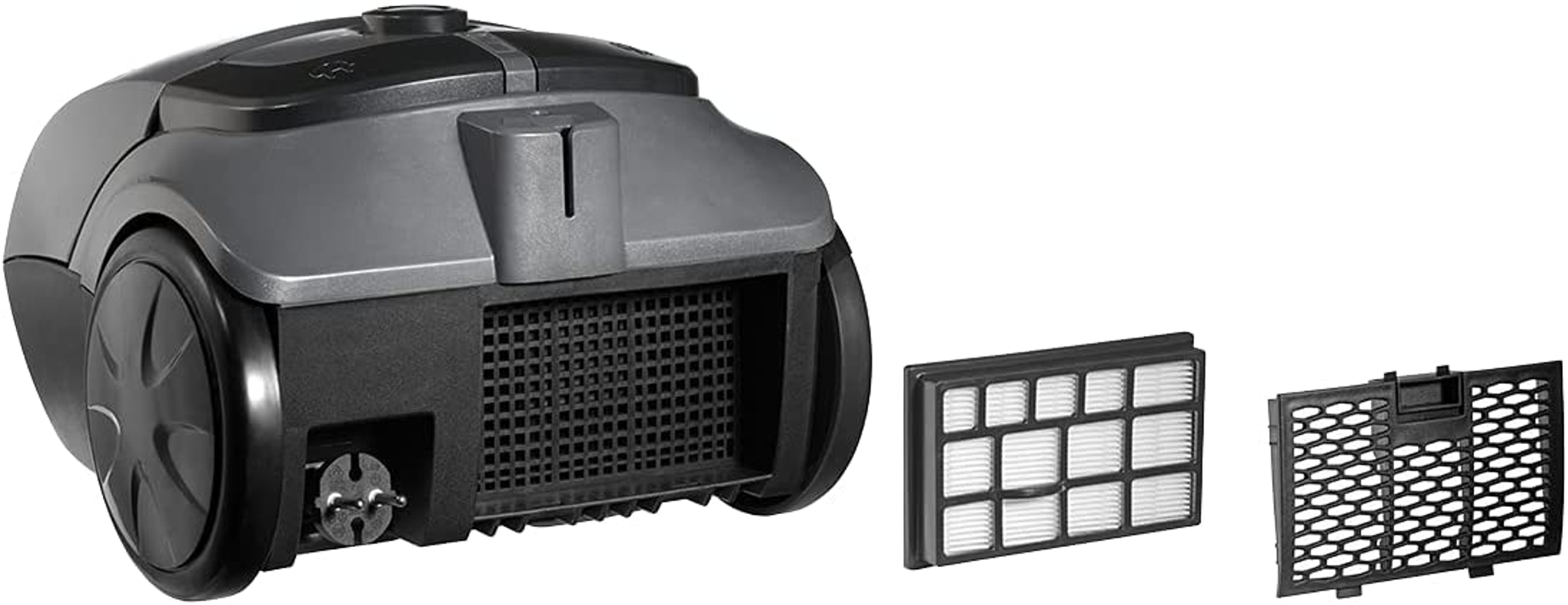 Vacuum cleaner. Gray and black with filters. Wheels and power plug are visible.
